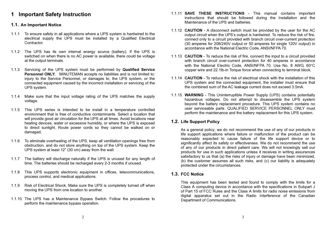 Minuteman UPS ED6200T, ED6000T Important Safety Instruction, An Important Notice, Life Support Policy, FCC Notice 