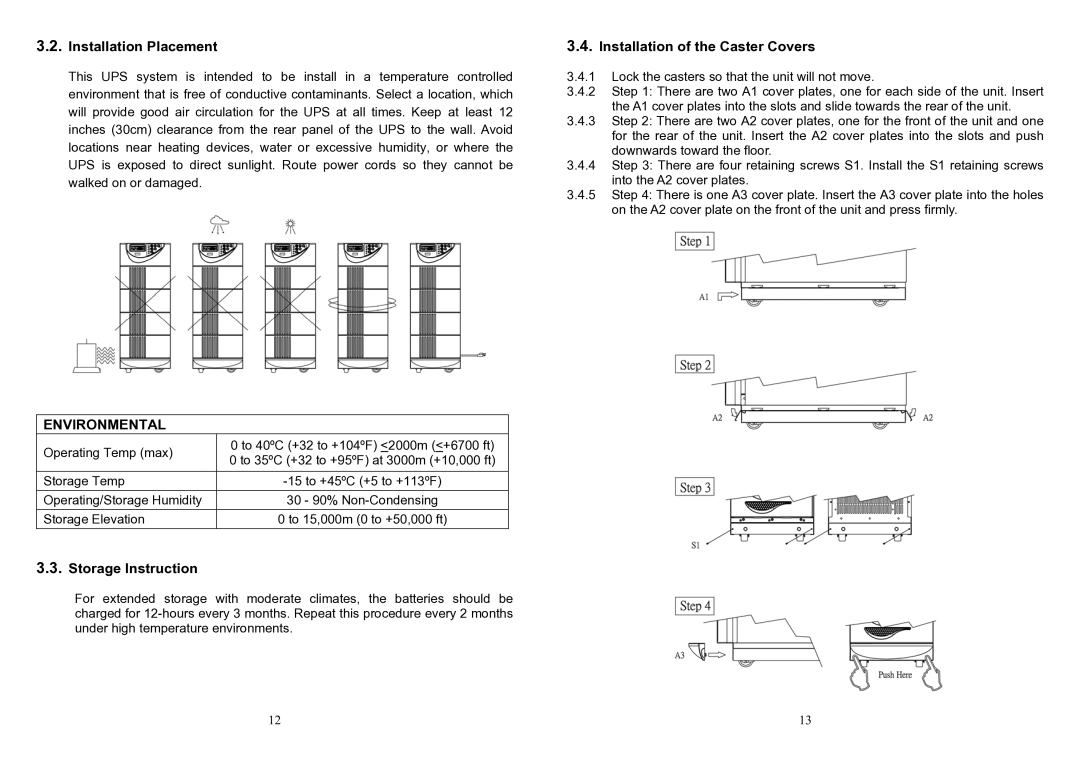 Minuteman UPS ED6000T, ED6200T user manual Installation Placement, Storage Instruction, Installation of the Caster Covers 