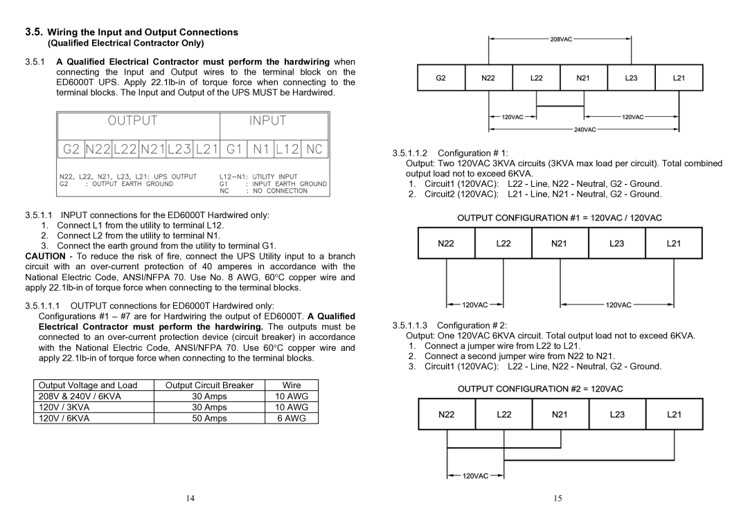 Minuteman UPS ED6200T, ED6000T user manual Wiring the Input and Output Connections, Awg 