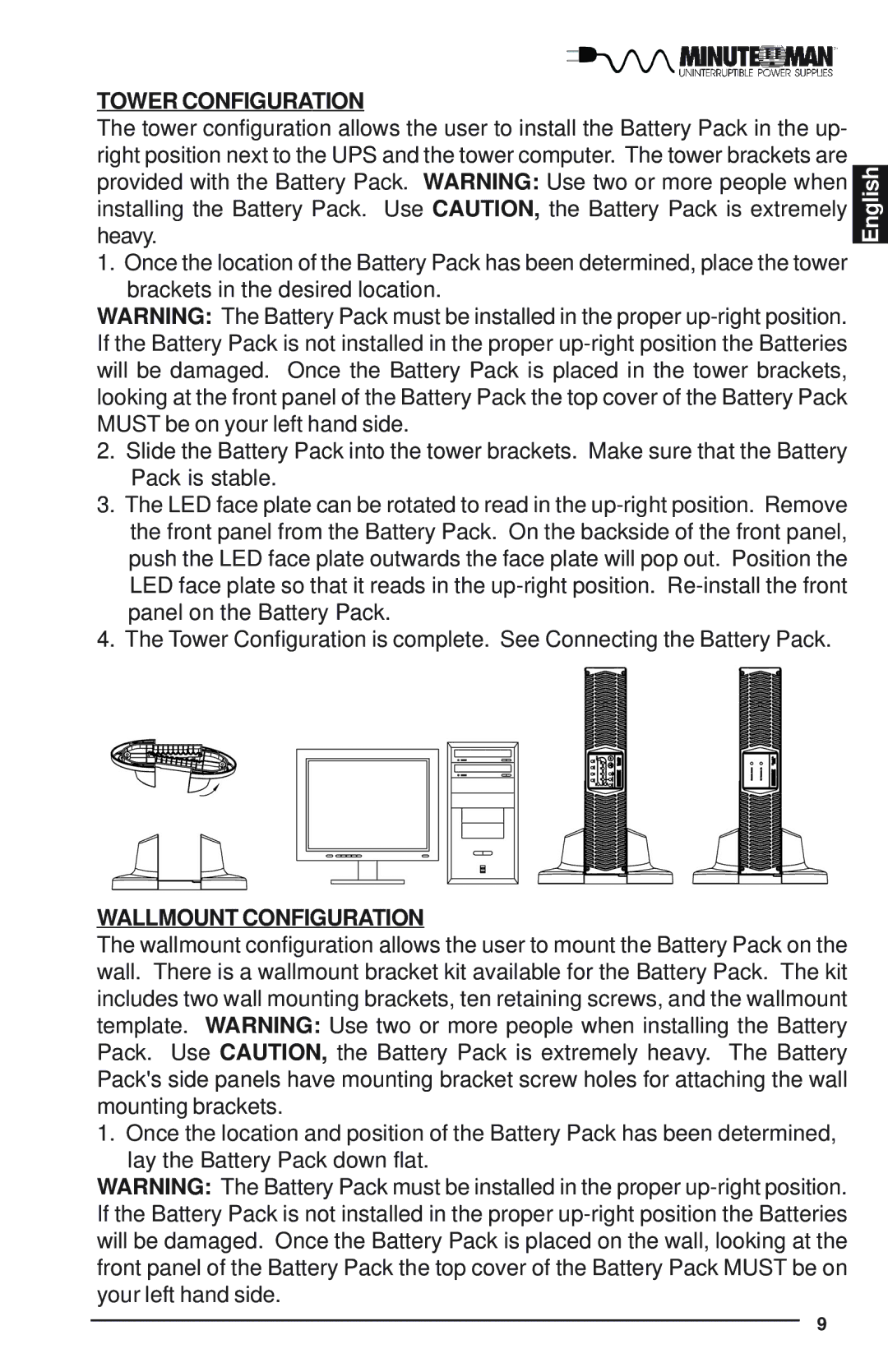 Minuteman UPS Endeavor user manual Tower Configuration, Wallmount Configuration 