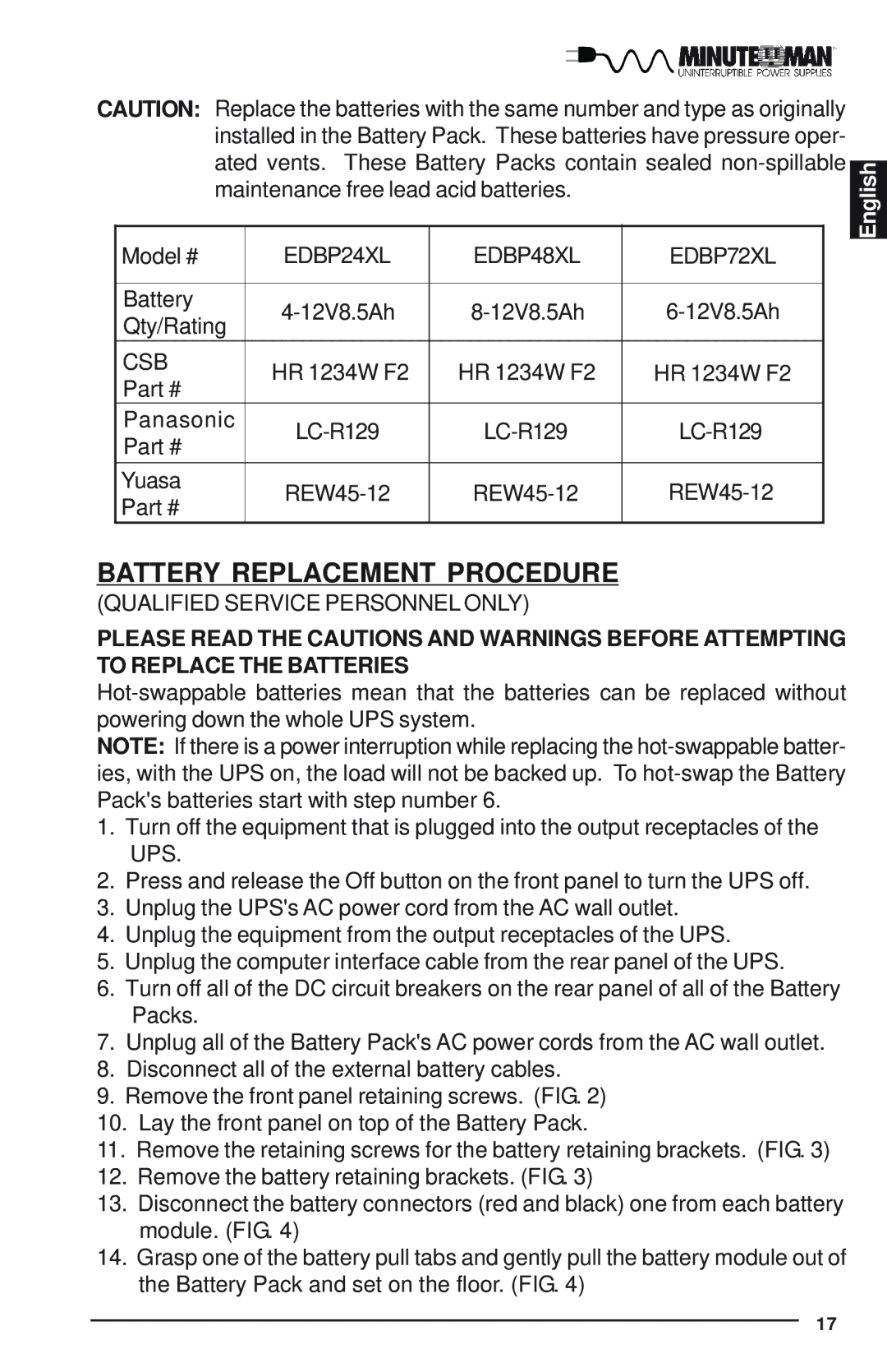 Minuteman UPS Endeavor user manual Battery Replacement Procedure 