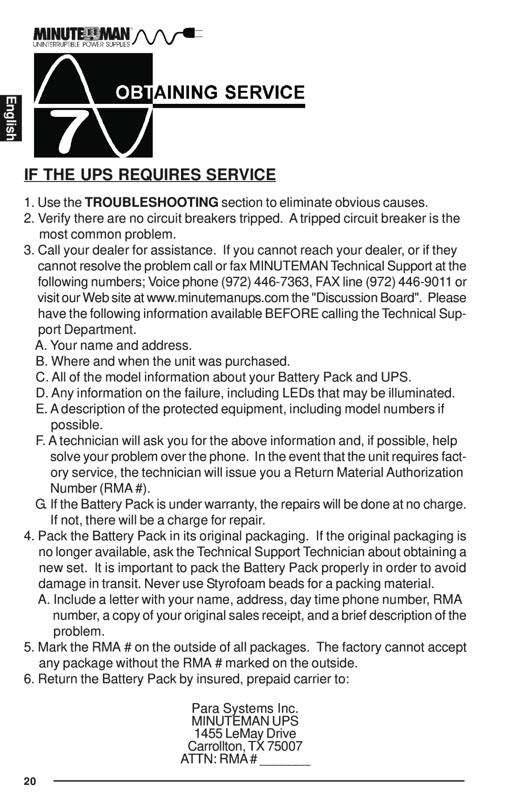 Minuteman UPS Endeavor user manual If the UPS Requires Service 