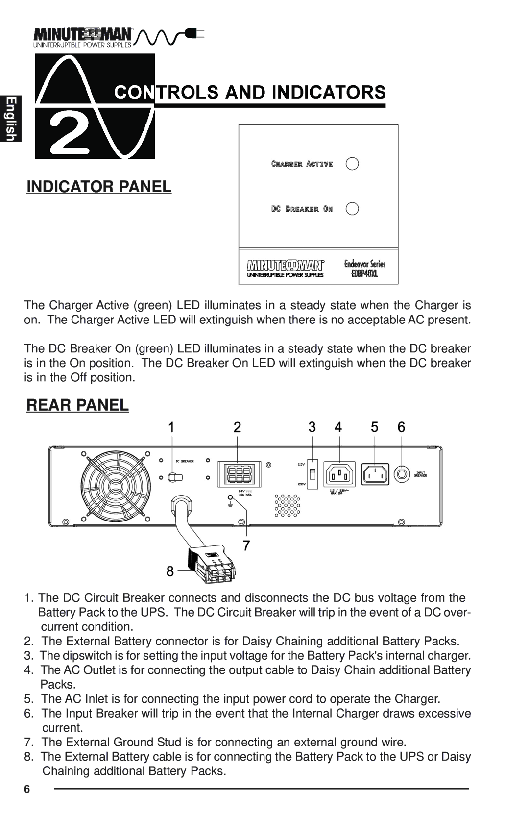 Minuteman UPS Endeavor user manual Indicator Panel, Rear Panel 