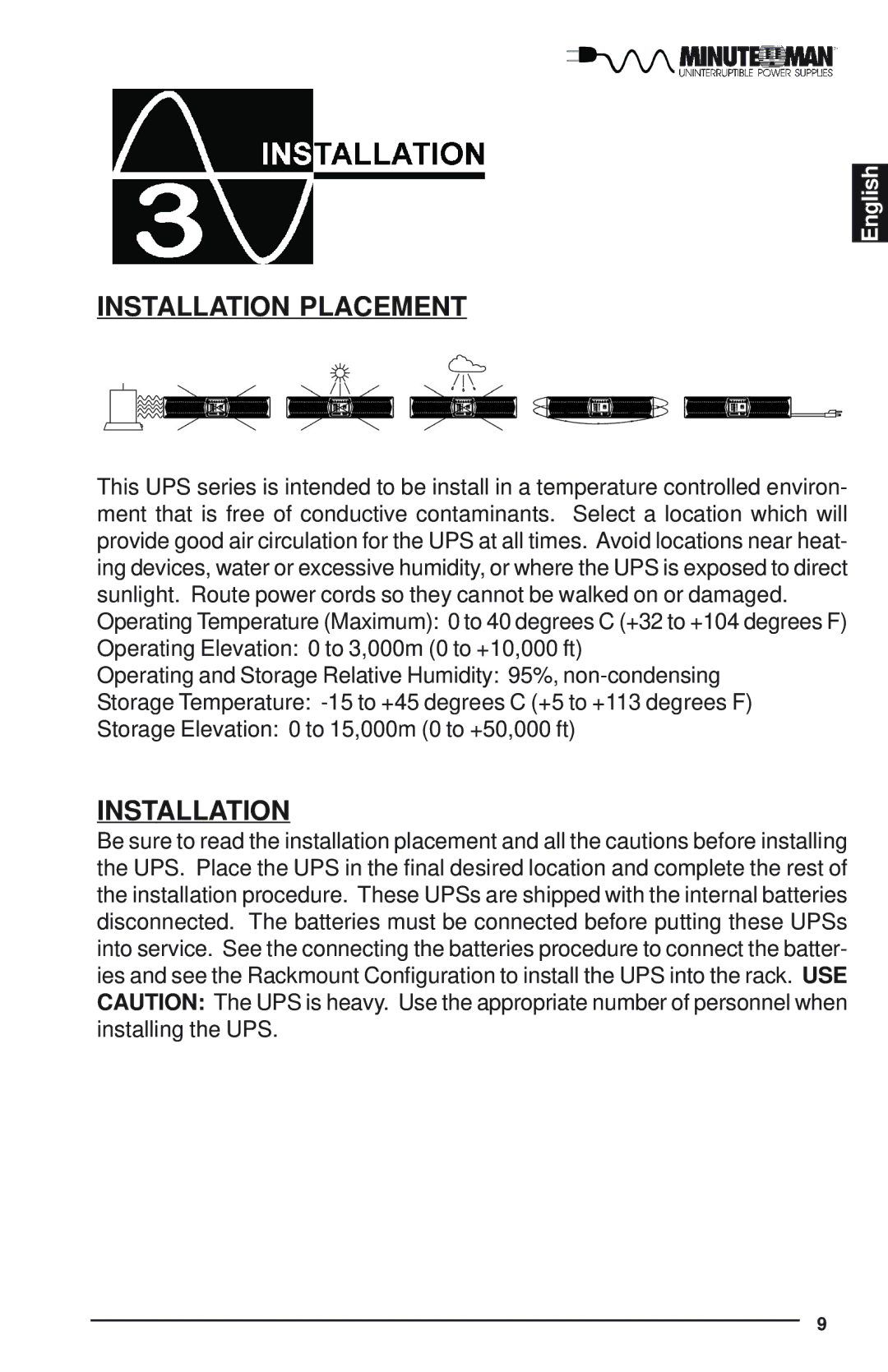 Minuteman UPS Enterprise Plus Series user manual Installation Placement 