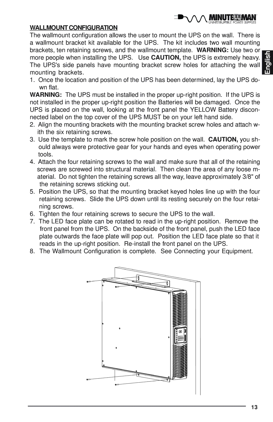 Minuteman UPS Enterprise Plus Series user manual Wallmount Configuration 