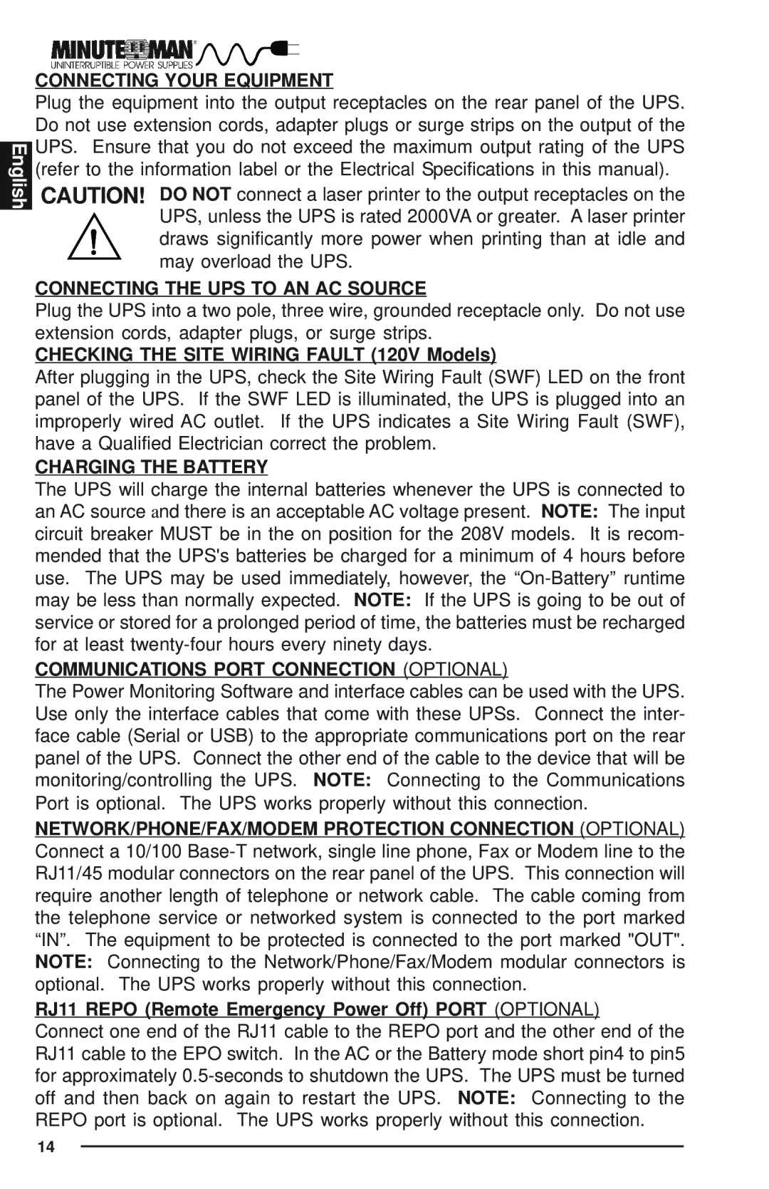 Minuteman UPS Enterprise Plus Series Connecting Your Equipment, Connecting the UPS to AN AC Source, Charging the Battery 