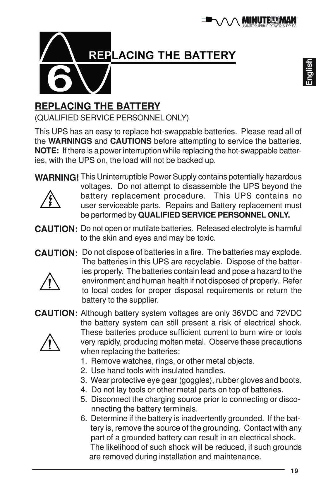 Minuteman UPS Enterprise Plus Series user manual Replacing the Battery, Qualified Service Personnel only 