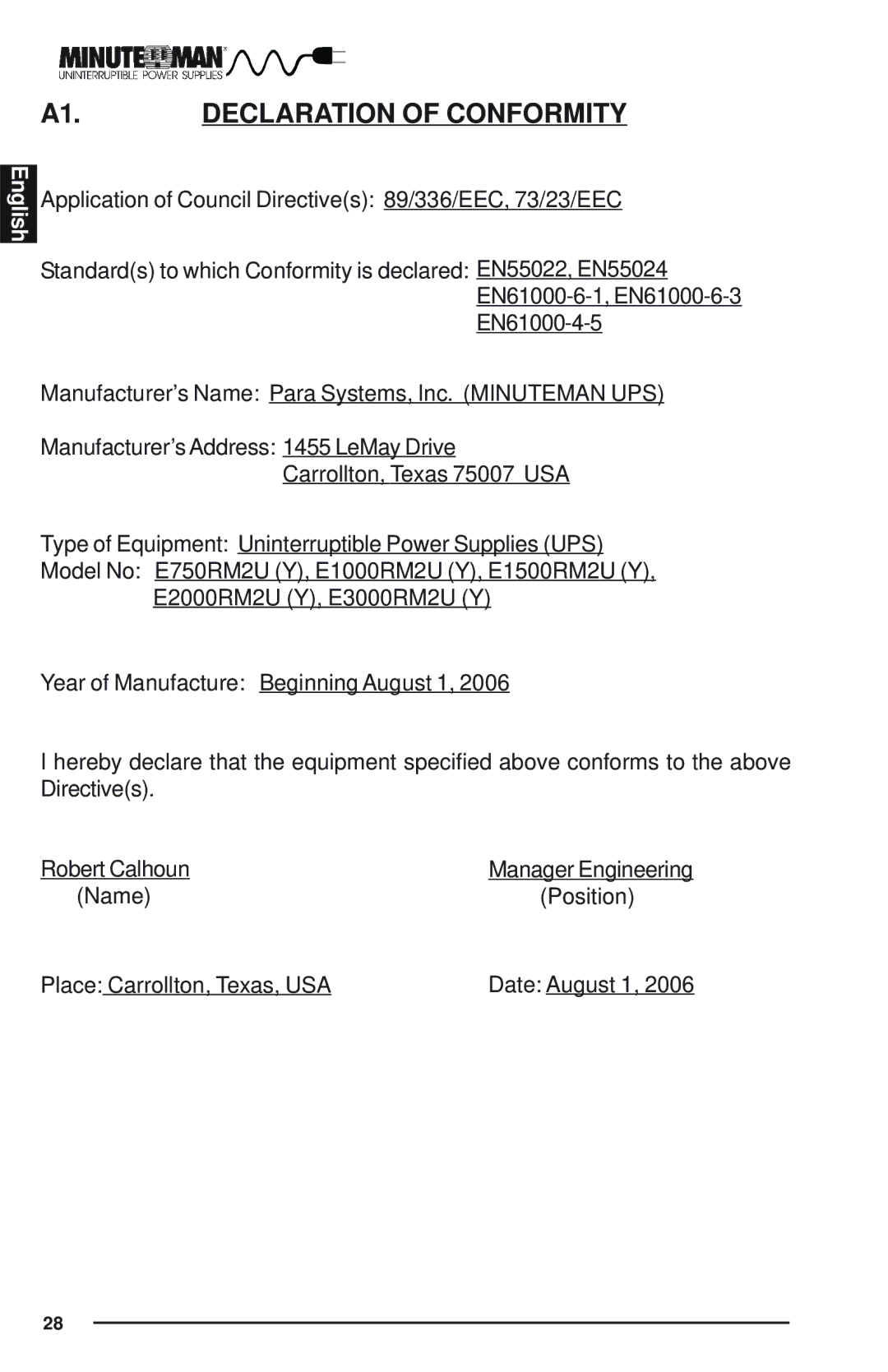 Minuteman UPS Enterprise Plus Series user manual A1. Declaration of Conformity 