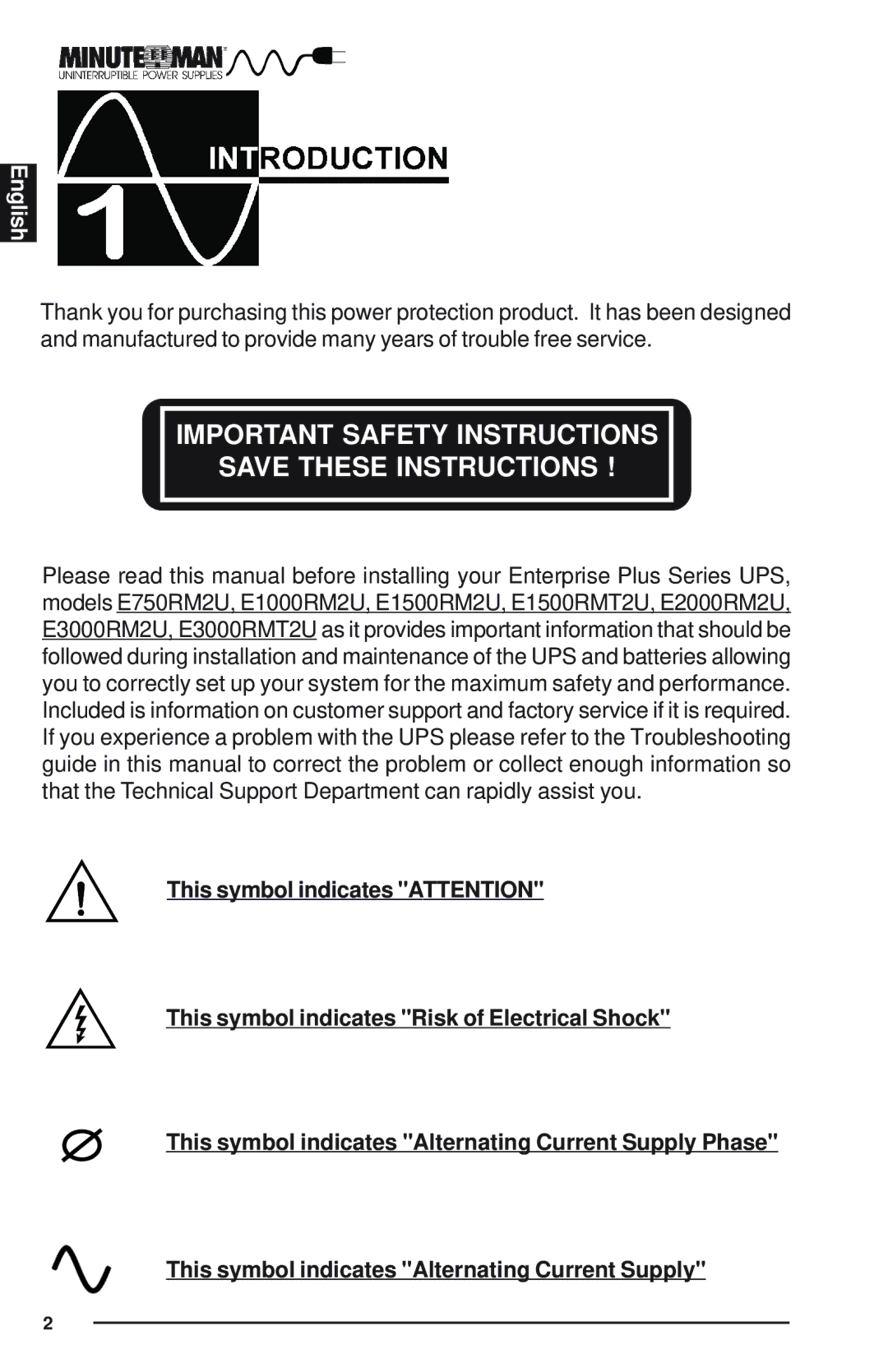 Minuteman UPS Enterprise Plus Series user manual Important Safety Instructions 