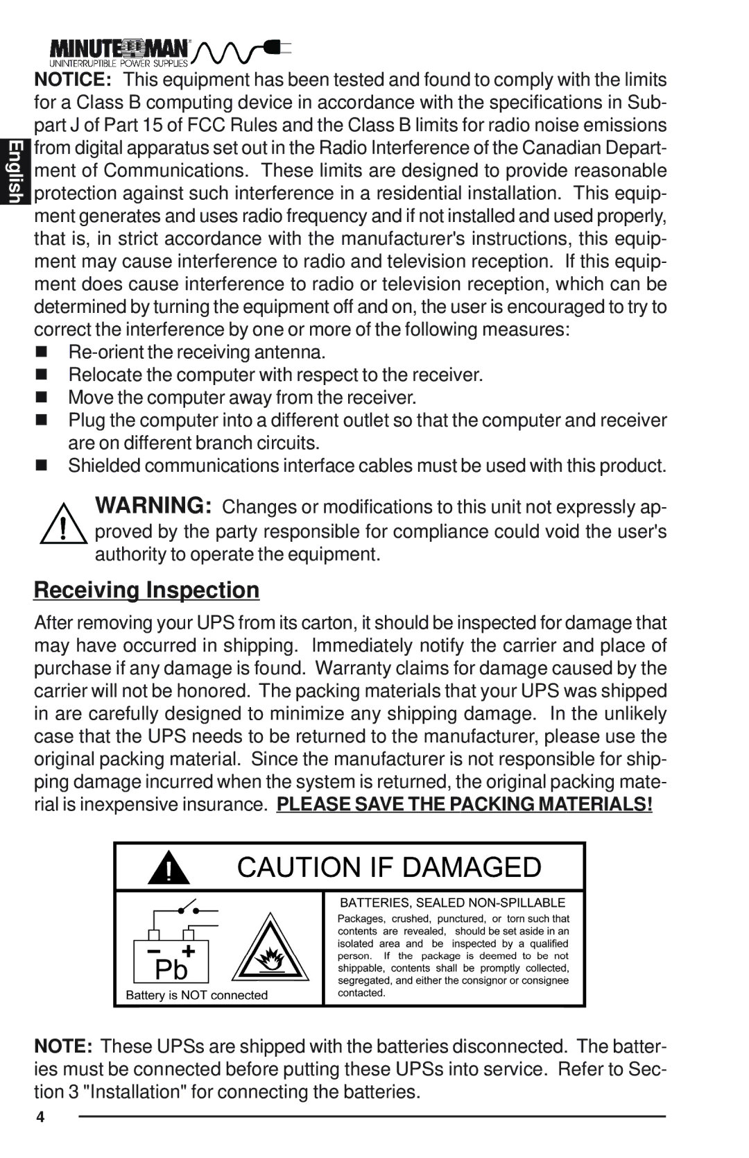 Minuteman UPS Enterprise Plus Series user manual Receiving Inspection 