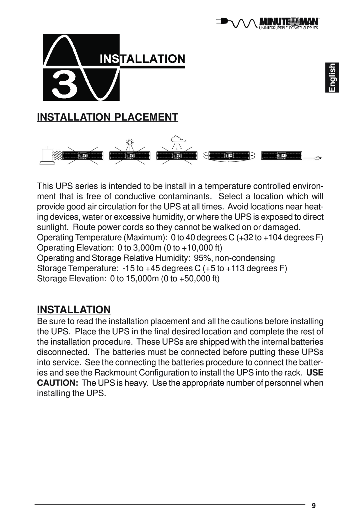 Minuteman UPS Enterprise Plus Series user manual Installation Placement, English 