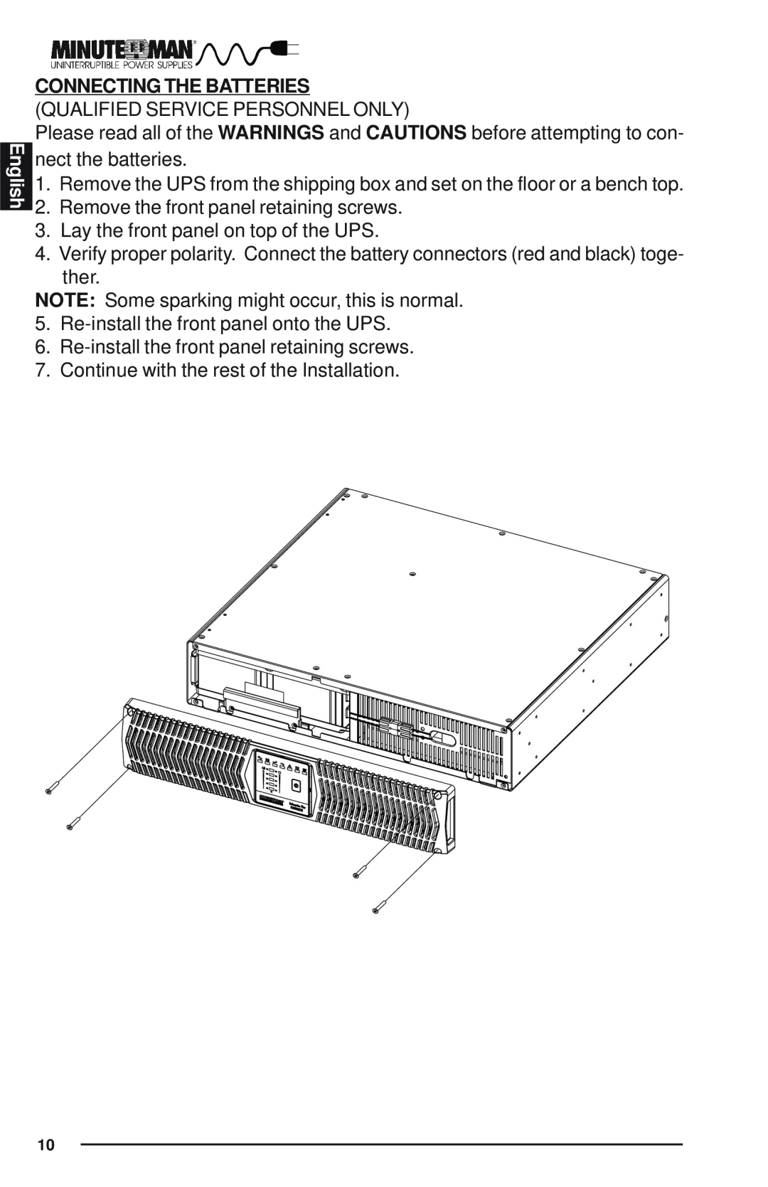 Minuteman UPS Enterprise Plus Series user manual English, Connecting The Batteries Qualified Service Personnel Only 
