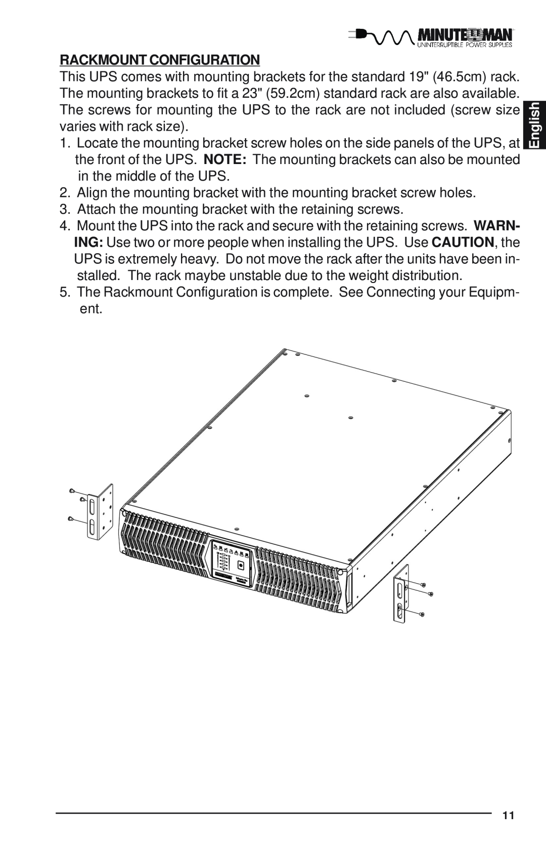 Minuteman UPS Enterprise Plus Series user manual Rackmount Configuration, English 