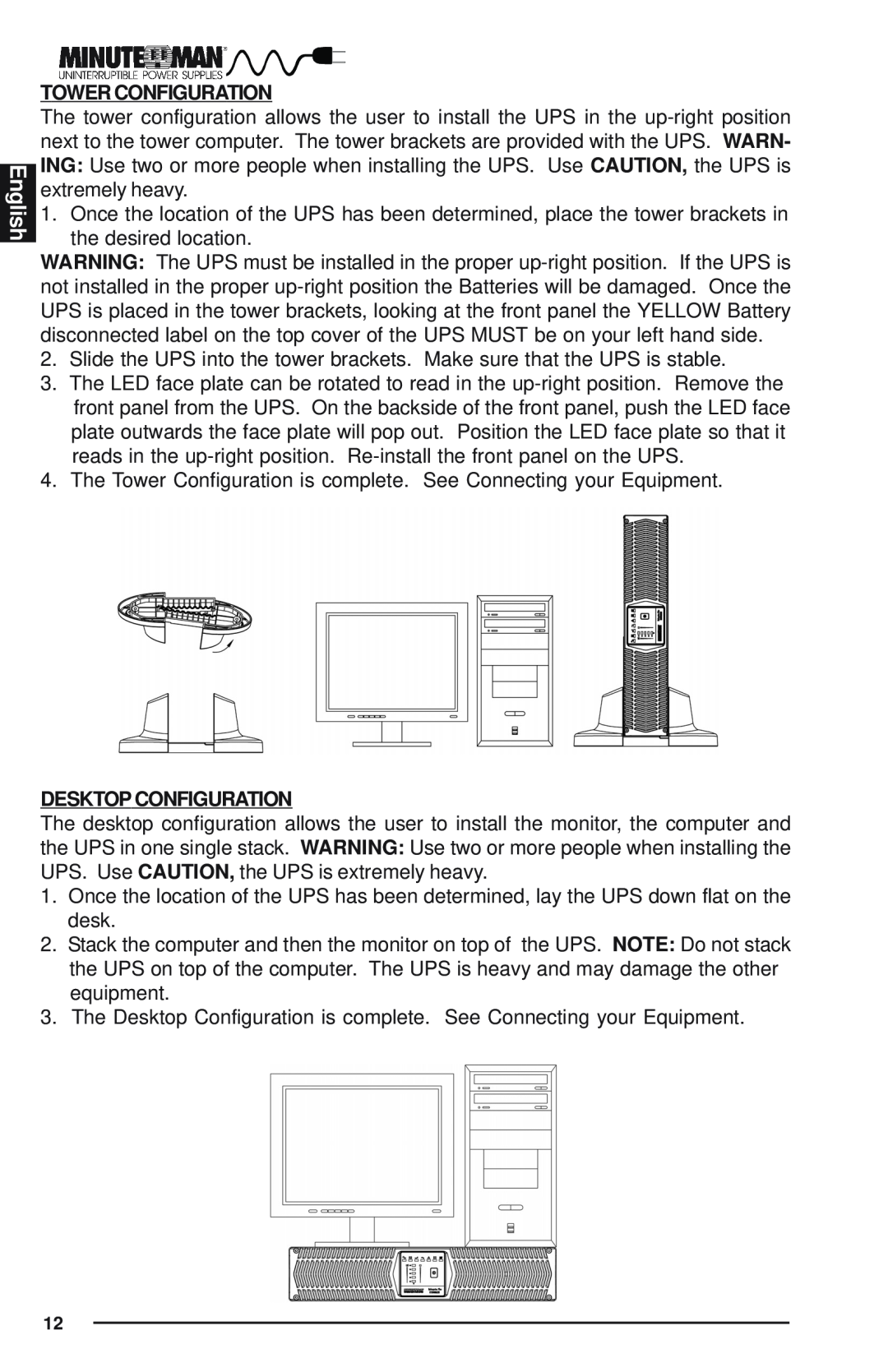 Minuteman UPS Enterprise Plus Series user manual English, Tower Configuration, Desktop Configuration 