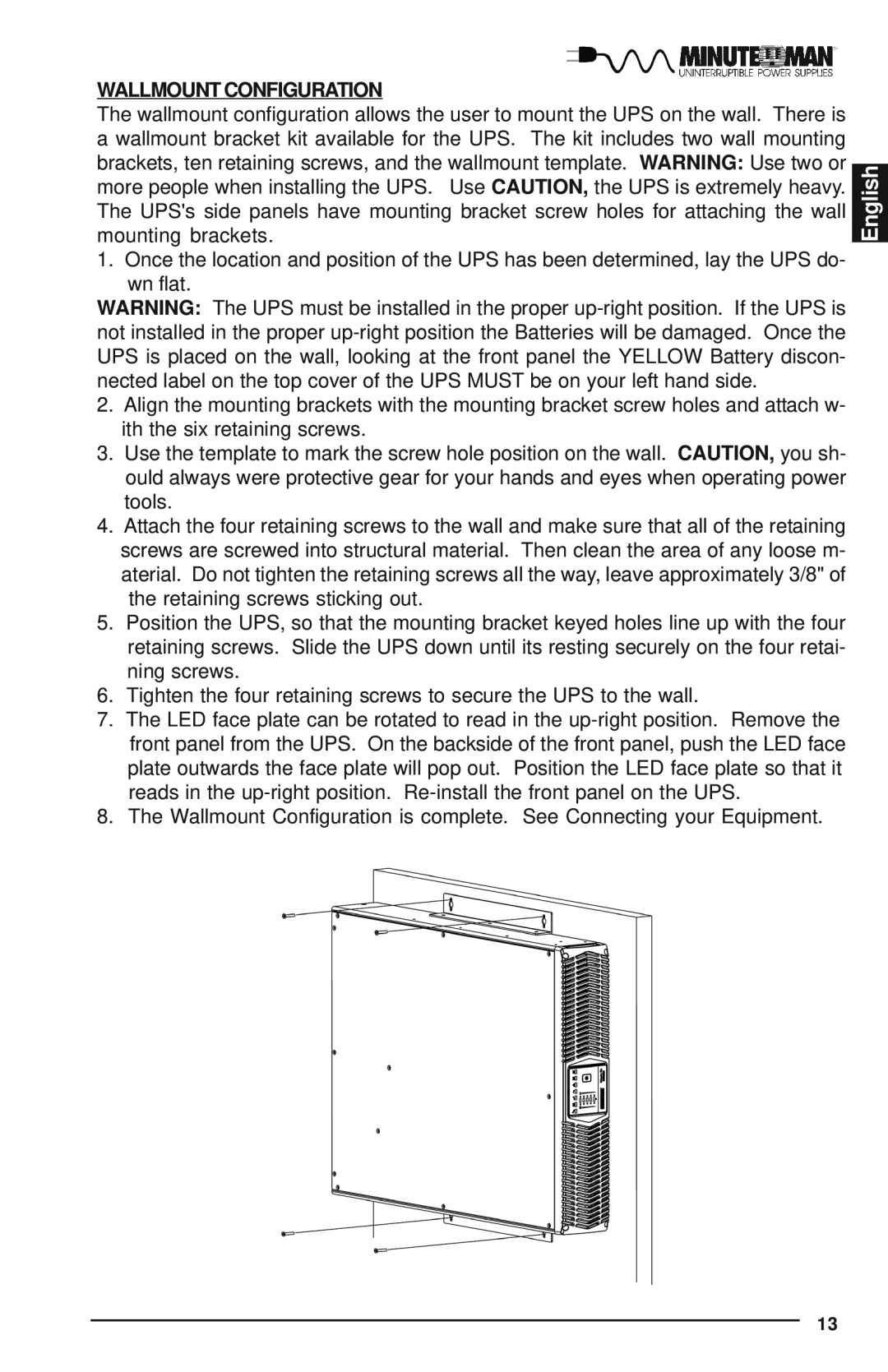 Minuteman UPS Enterprise Plus Series user manual English, Wallmount Configuration 