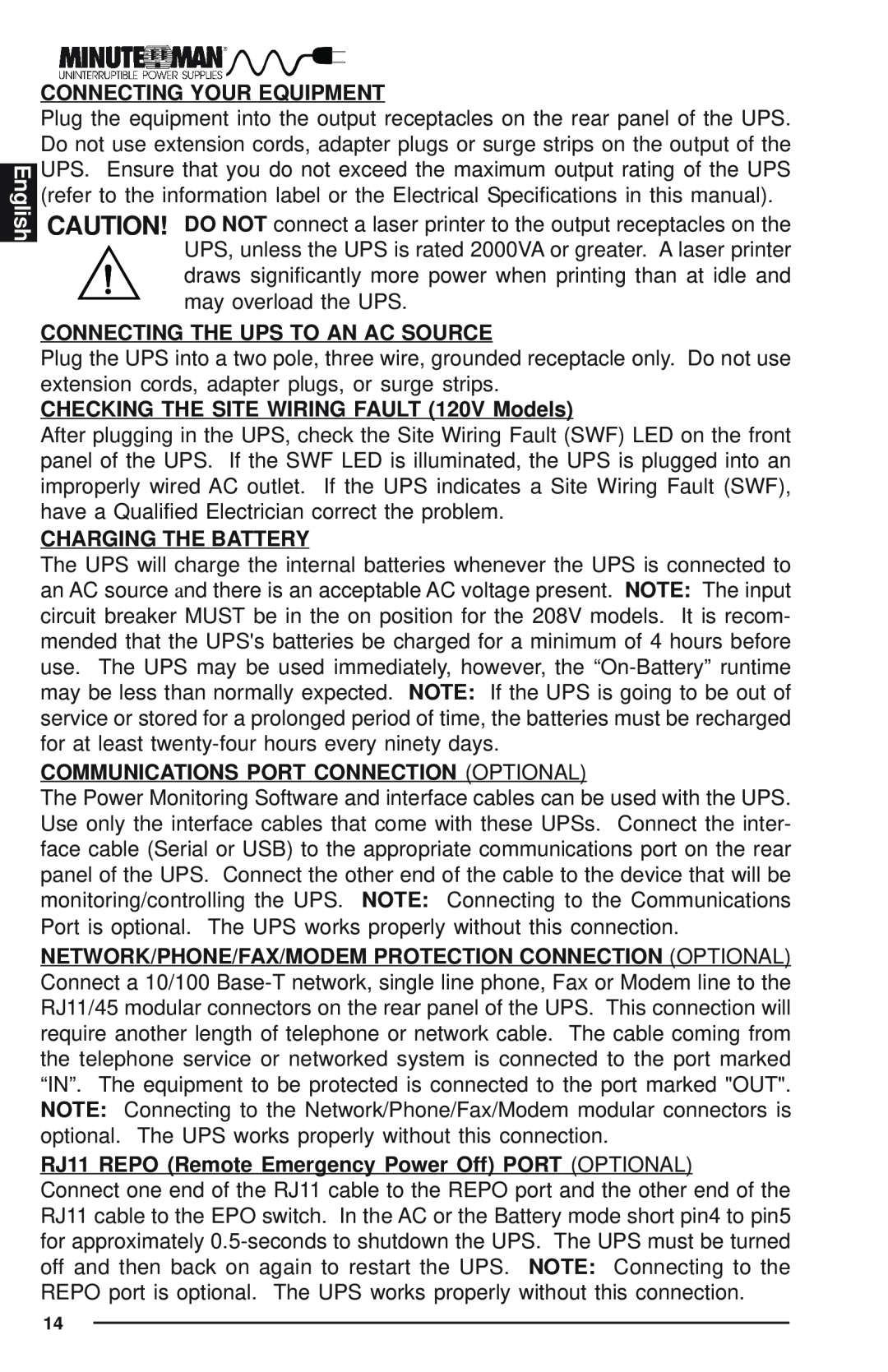 Minuteman UPS Enterprise Plus Series user manual English, Connecting Your Equipment, Connecting The Ups To An Ac Source 