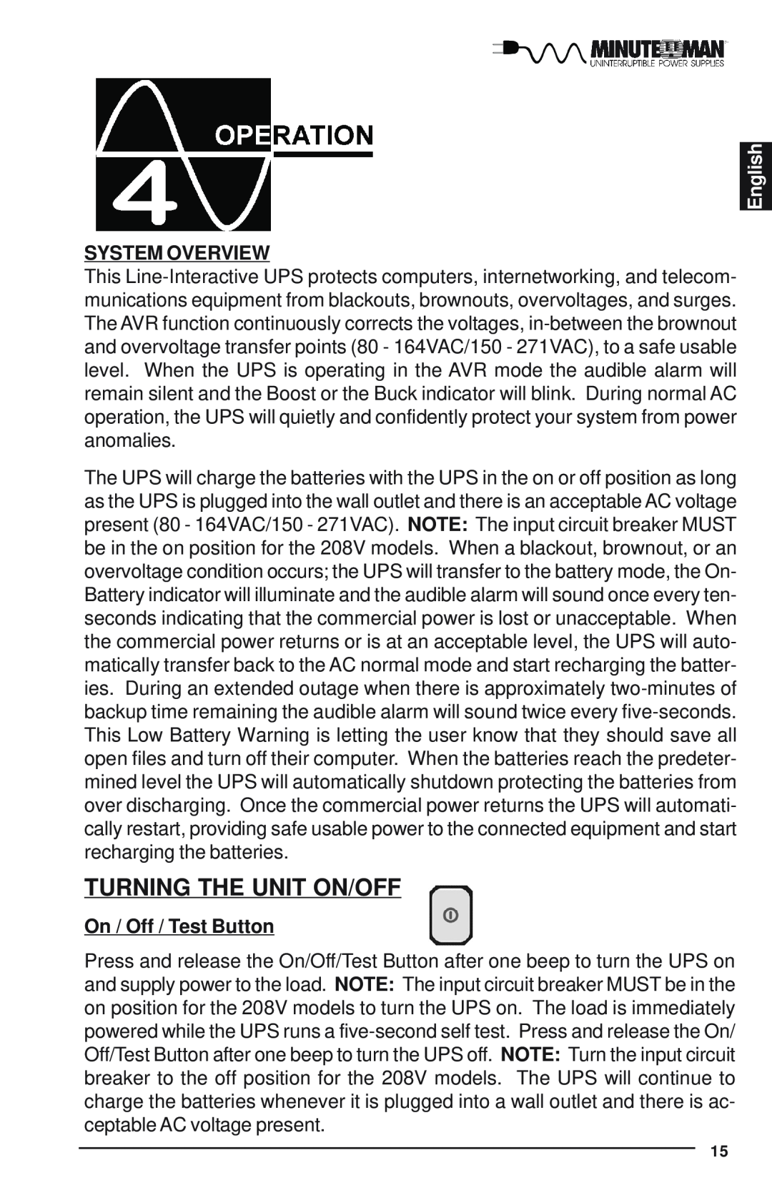 Minuteman UPS Enterprise Plus Series user manual Turning The Unit On/Off, English, System Overview, On / Off / Test Button 