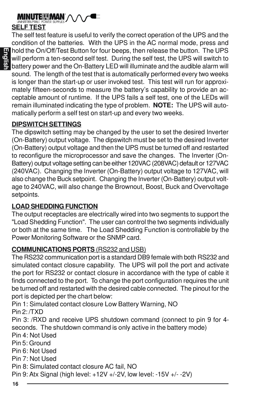 Minuteman UPS Enterprise Plus Series user manual English, Self Test, Dipswitch Settings, Load Shedding Function 