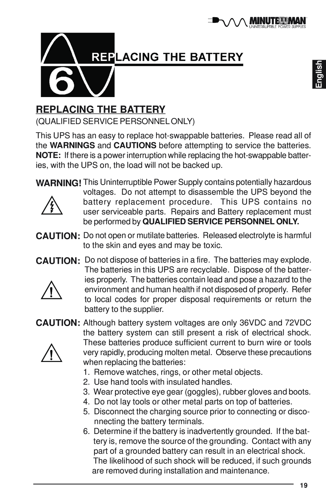 Minuteman UPS Enterprise Plus Series user manual Replacing The Battery, English 