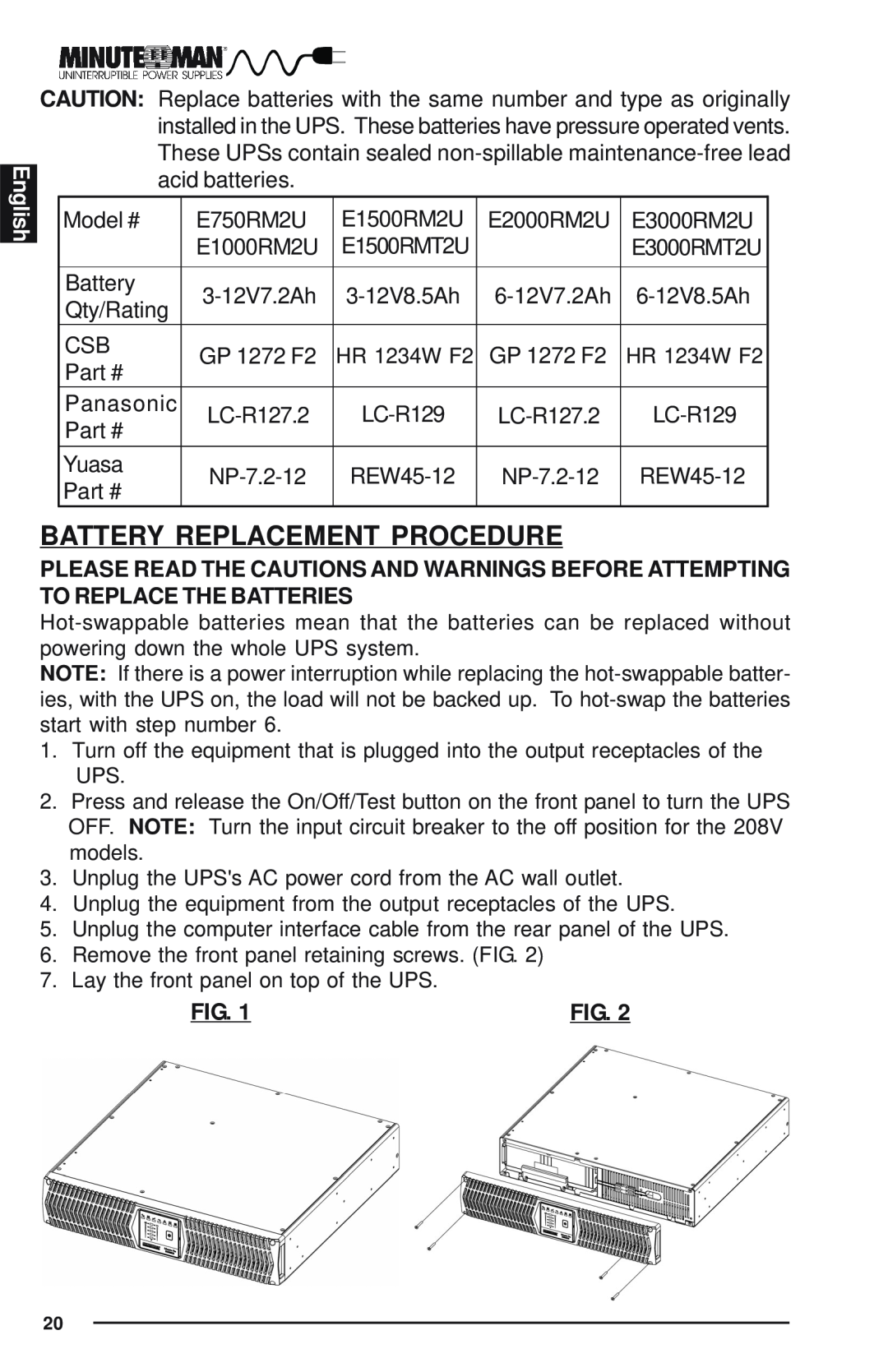 Minuteman UPS Enterprise Plus Series user manual Battery Replacement Procedure, English 