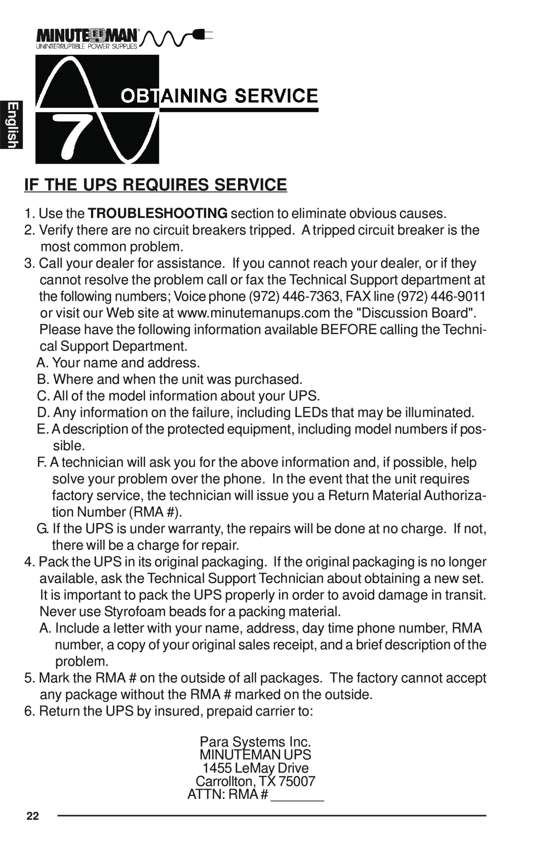 Minuteman UPS Enterprise Plus Series user manual If The Ups Requires Service, English 