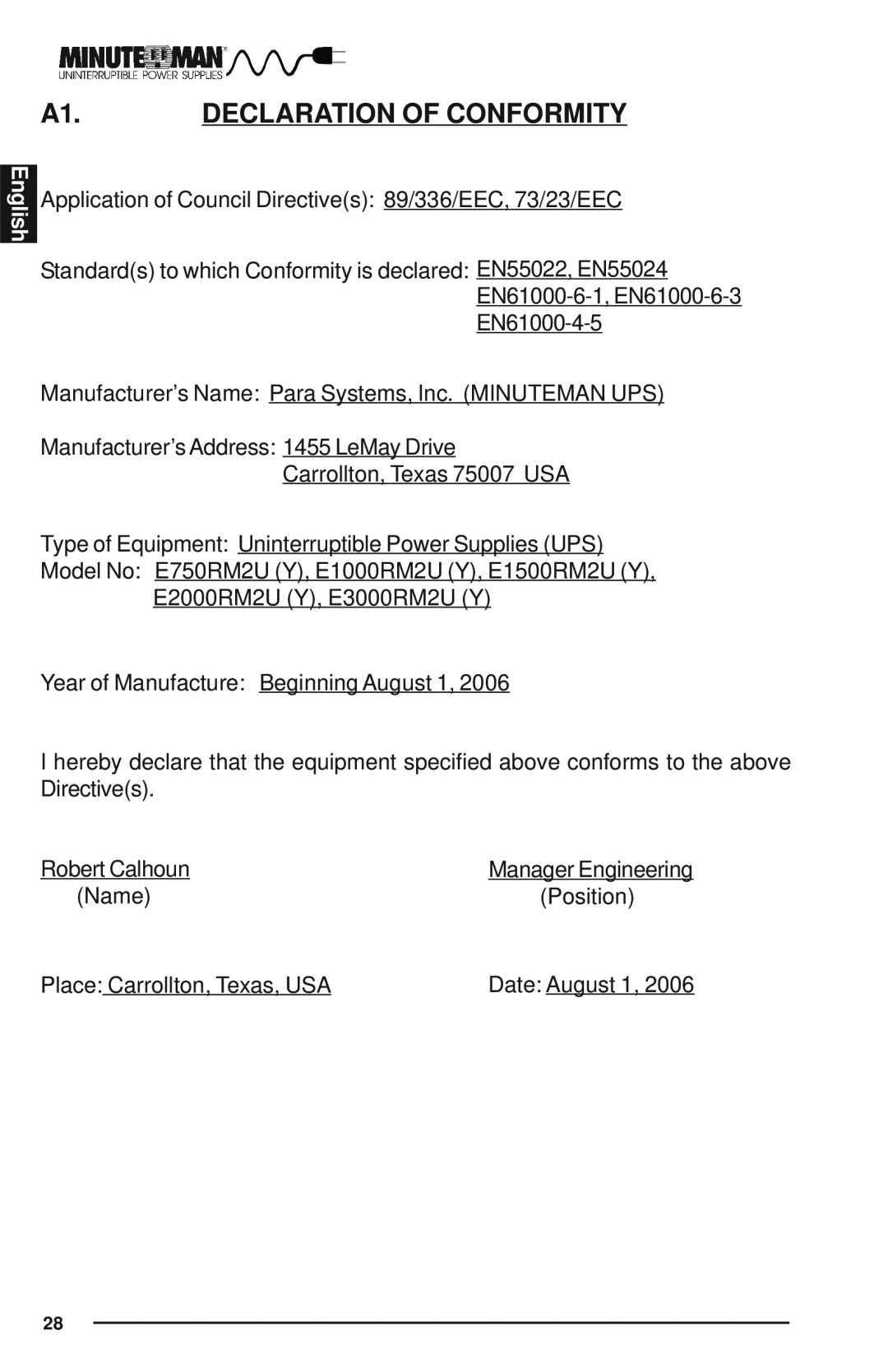 Minuteman UPS Enterprise Plus Series user manual A1. DECLARATION OF CONFORMITY, English 