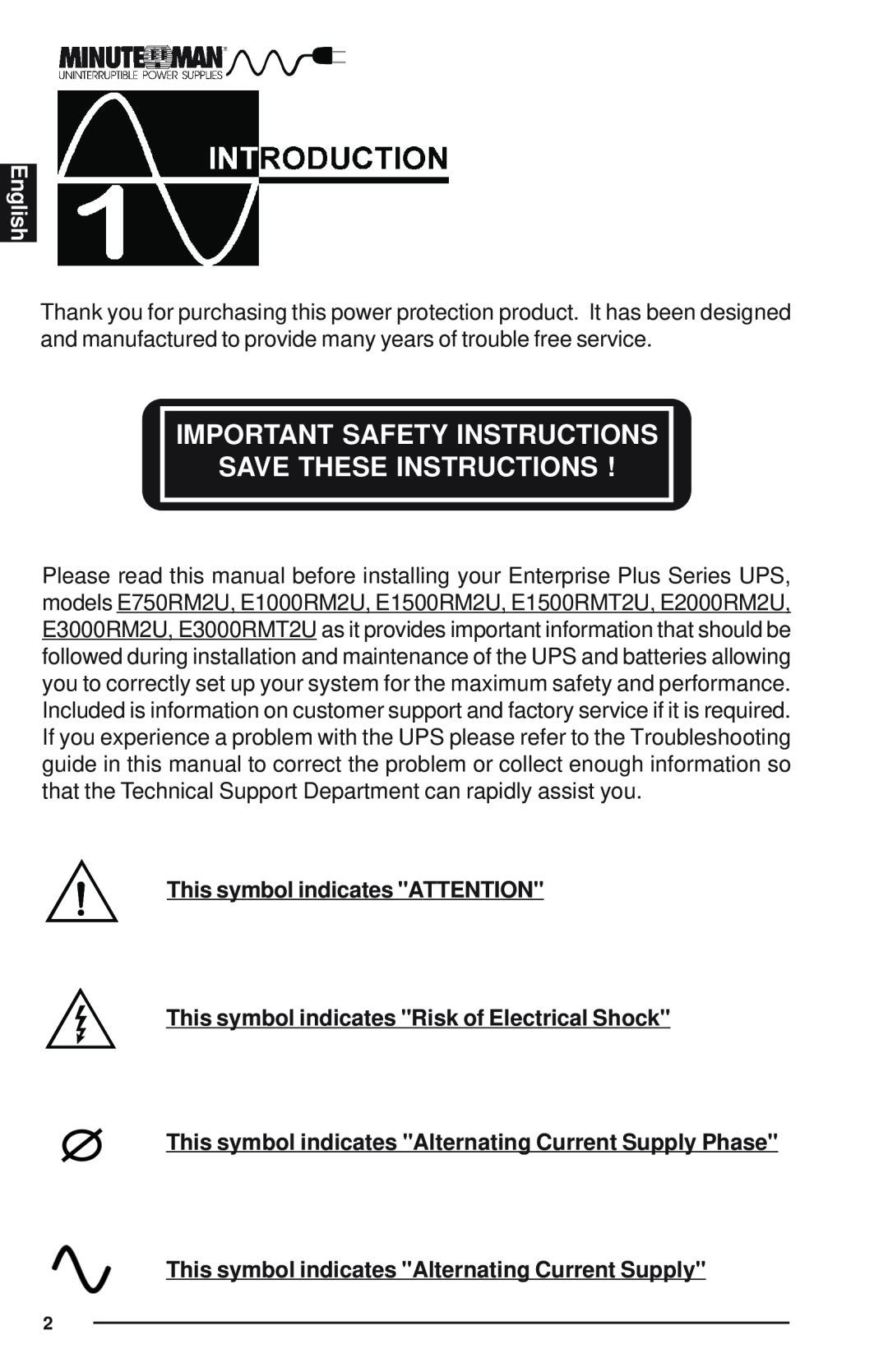 Minuteman UPS Enterprise Plus Series user manual Important Safety Instructions Save These Instructions, English 