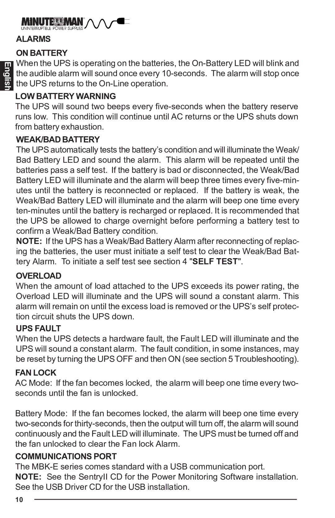 Minuteman UPS MBK-E SERIES Alarms On Battery, LOW Battery Warning, WEAK/BAD Battery, Overload, UPS Fault, FAN Lock 