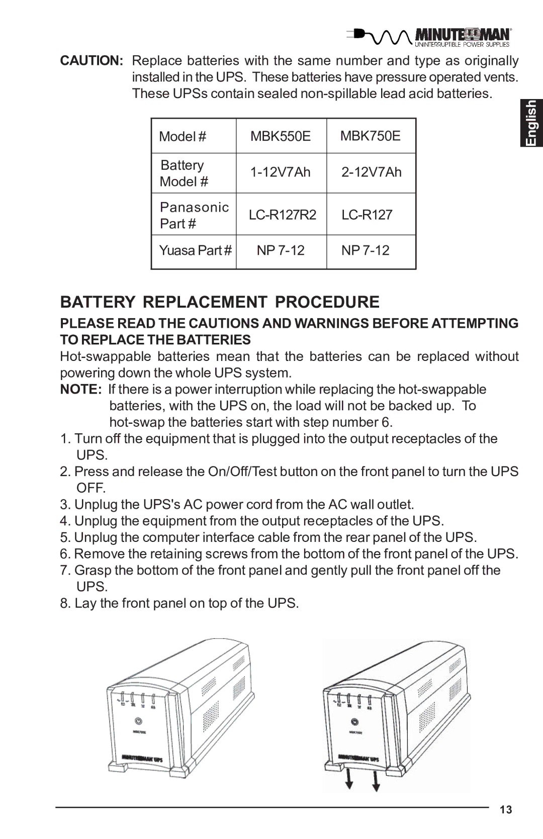 Minuteman UPS MBK-E SERIES user manual Battery Replacement Procedure 