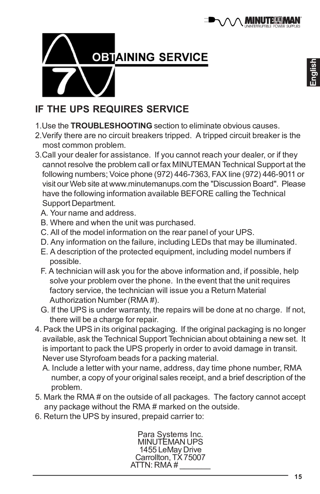 Minuteman UPS MBK-E SERIES user manual If the UPS Requires Service, Minuteman UPS 