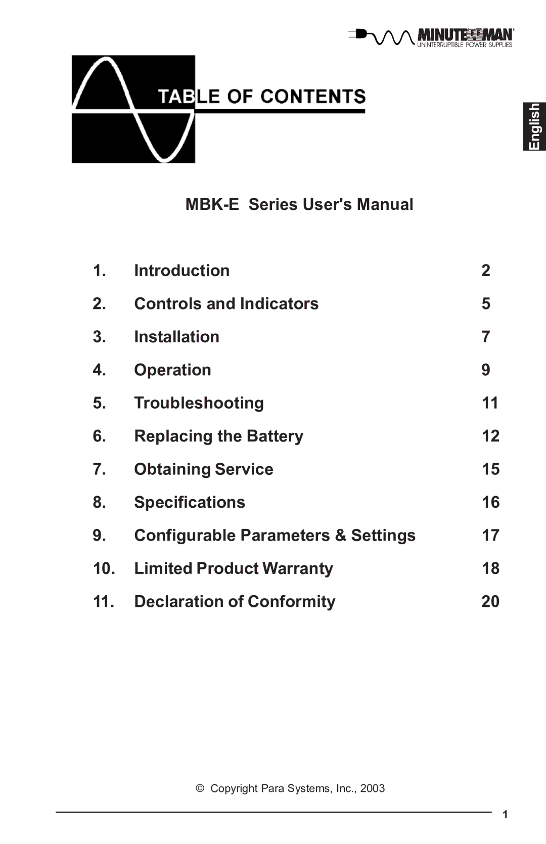 Minuteman UPS MBK-E SERIES user manual English 