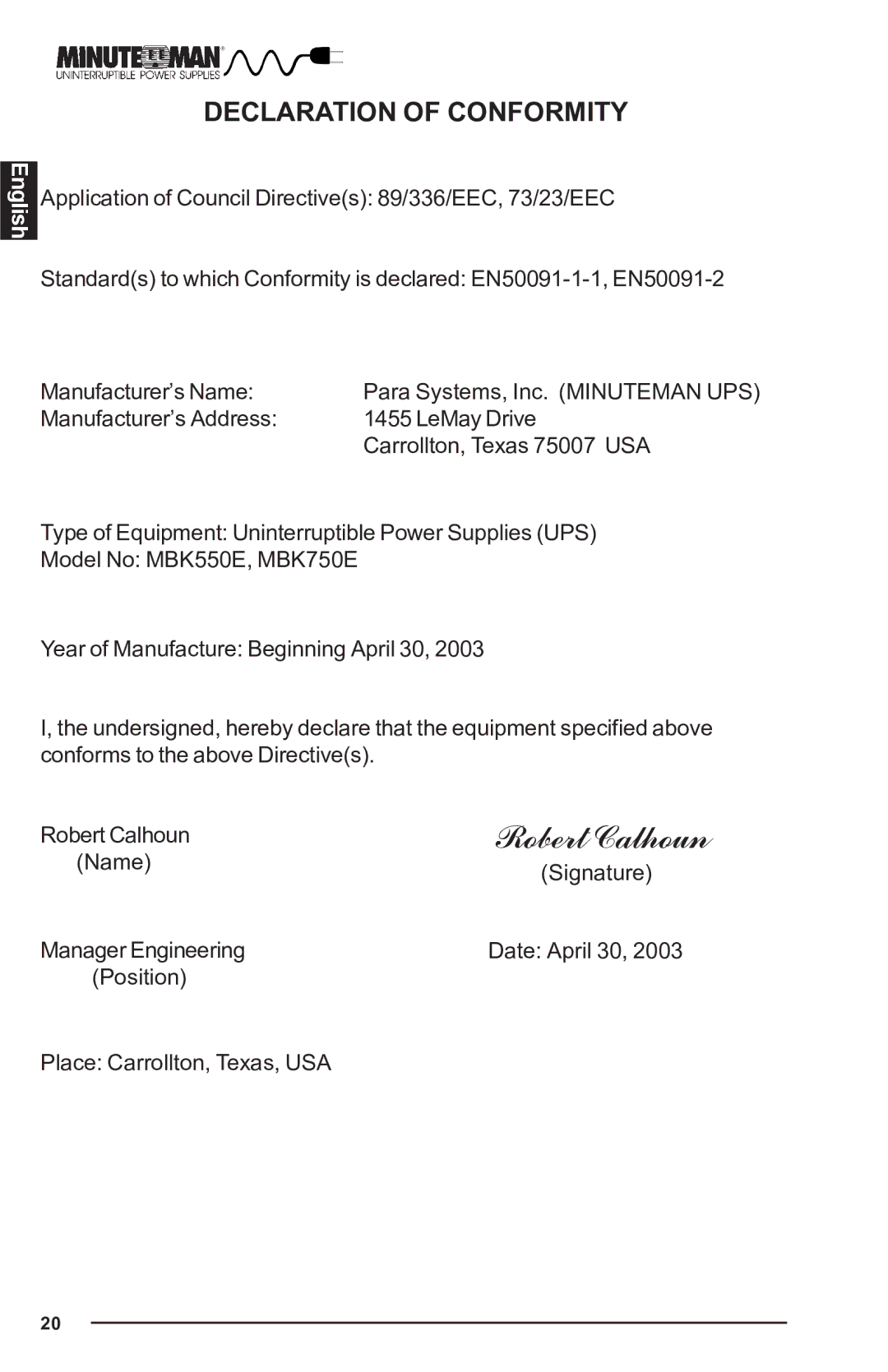 Minuteman UPS MBK-E SERIES user manual Robert Calhoun, Declaration of Conformity 