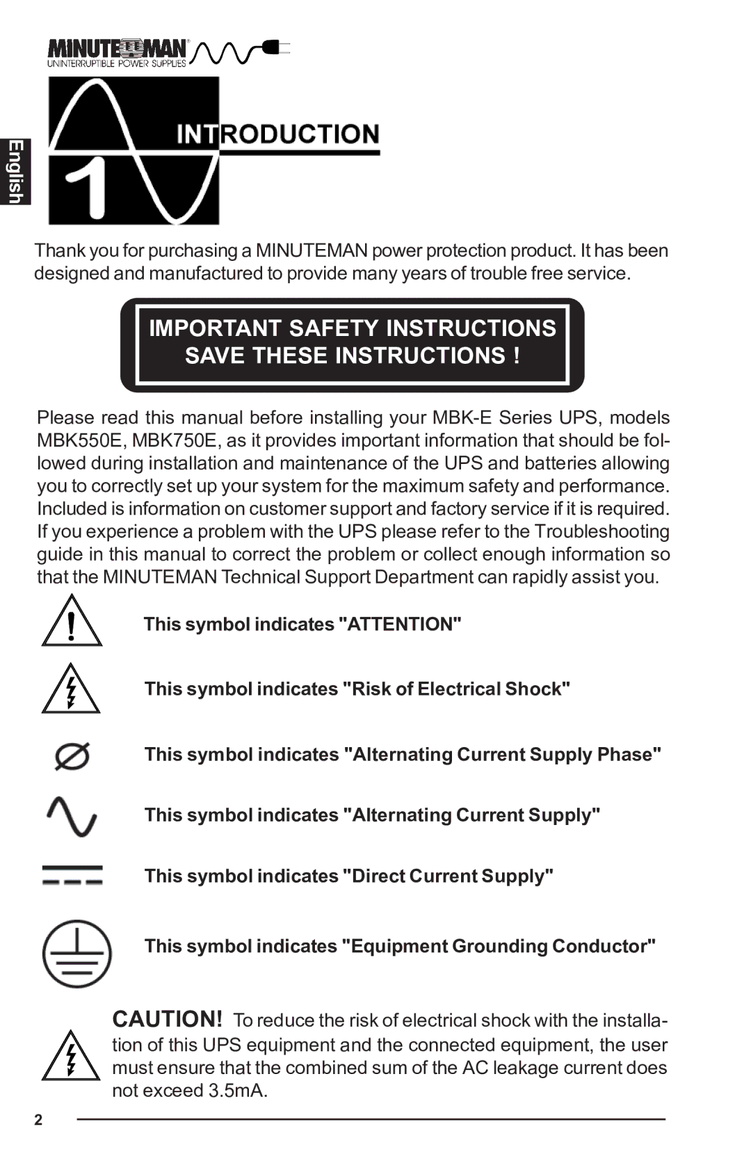 Minuteman UPS MBK-E SERIES user manual Important Safety Instructions 