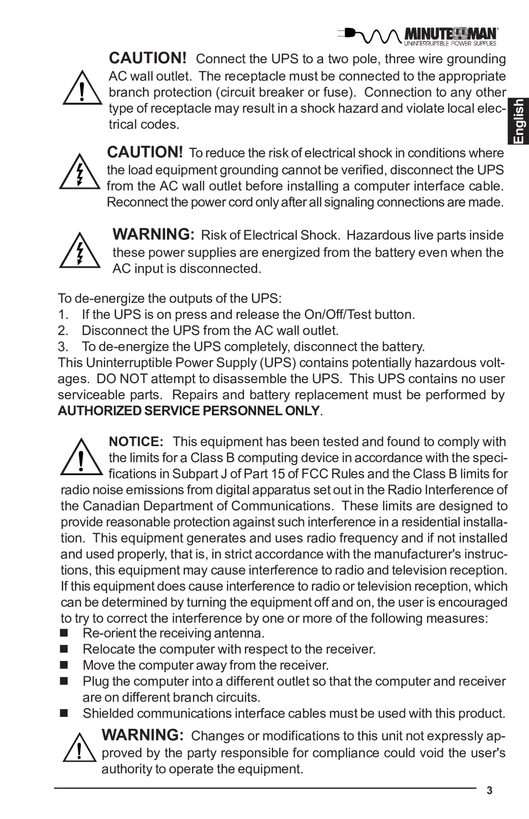 Minuteman UPS MBK-E SERIES user manual Authorized Service Personnel only 