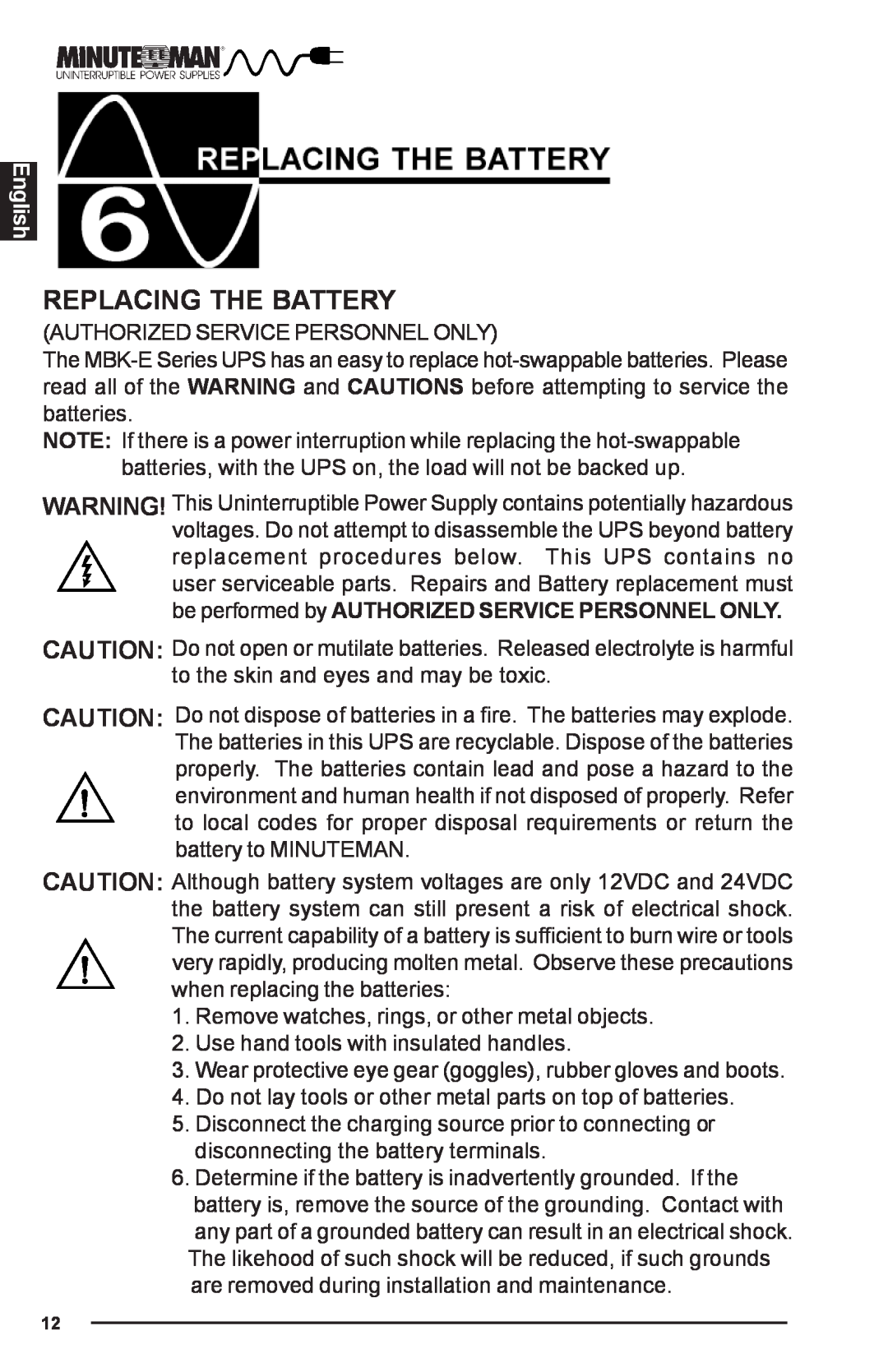 Minuteman UPS MBK-E SERIES user manual Replacing The Battery, English 