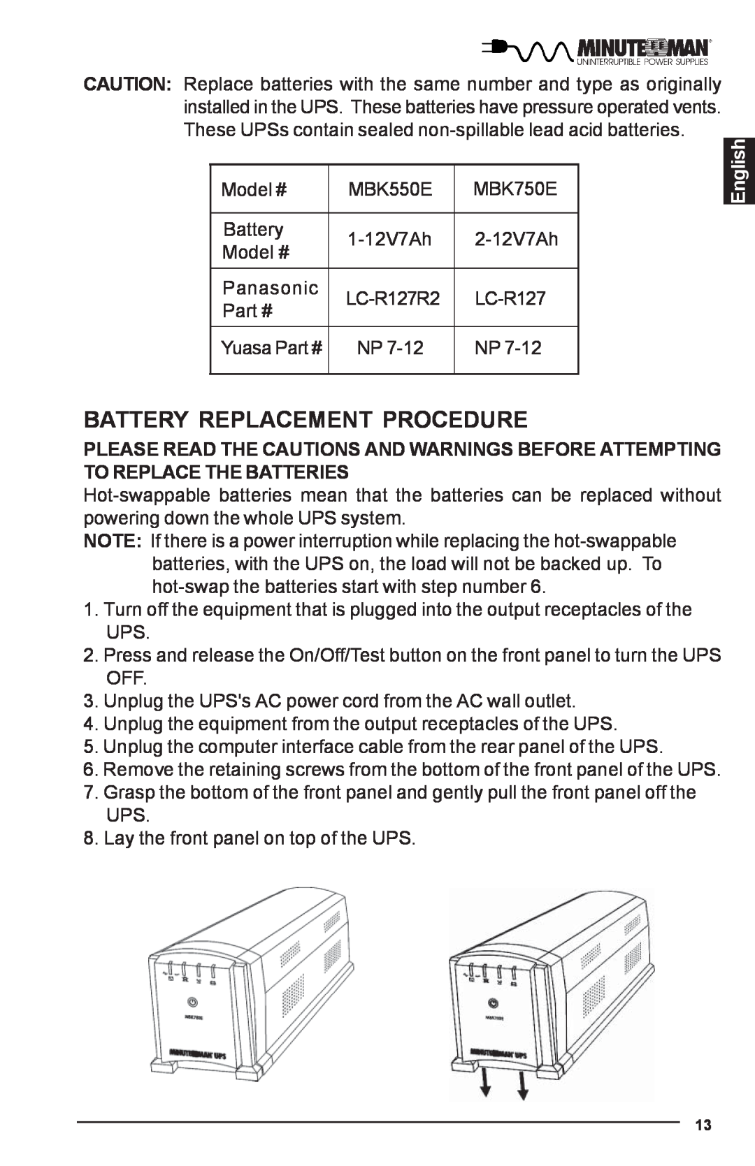 Minuteman UPS MBK-E SERIES user manual Battery Replacement Procedure, English, Yuasa 