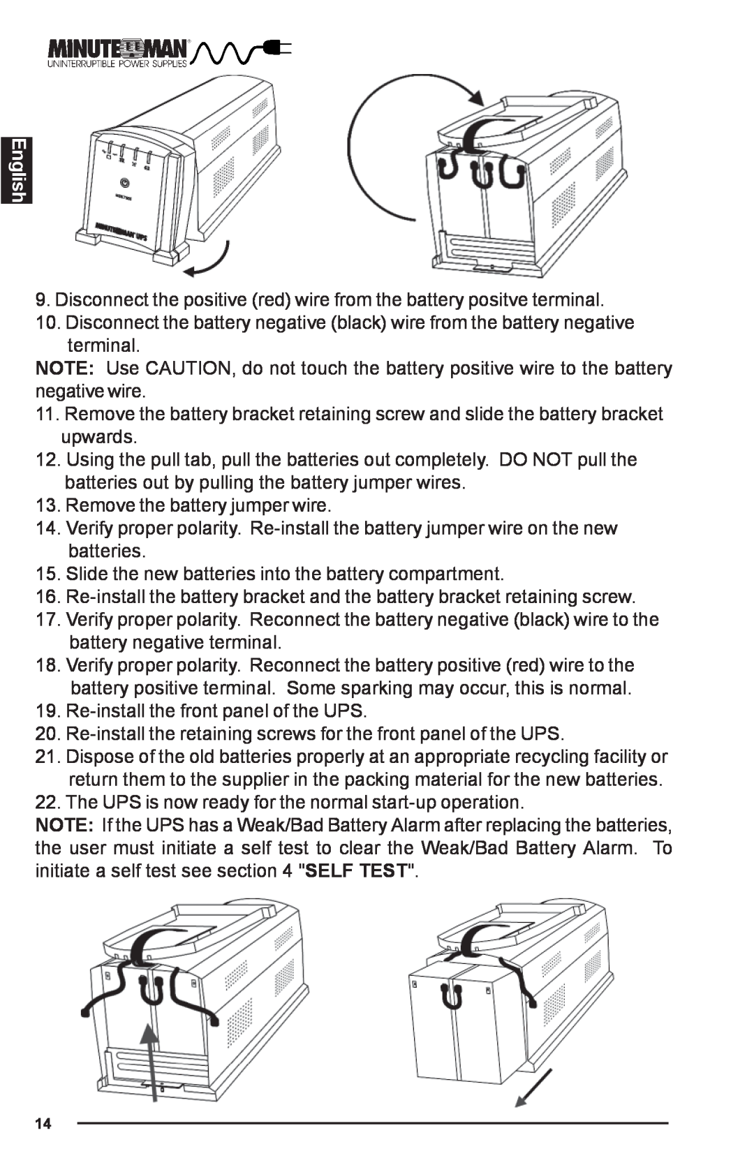 Minuteman UPS MBK-E SERIES user manual English, Disconnect the positive red wire from the battery positve terminal 