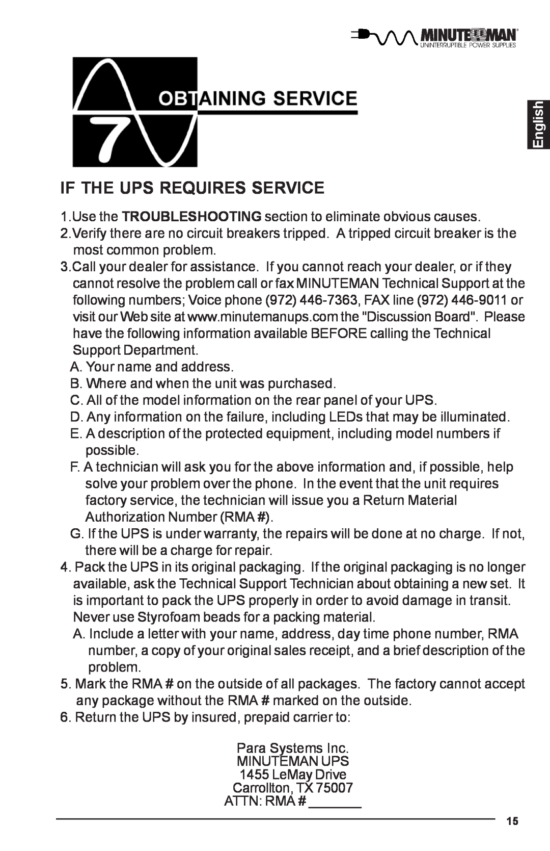 Minuteman UPS MBK-E SERIES user manual If The Ups Requires Service, English 