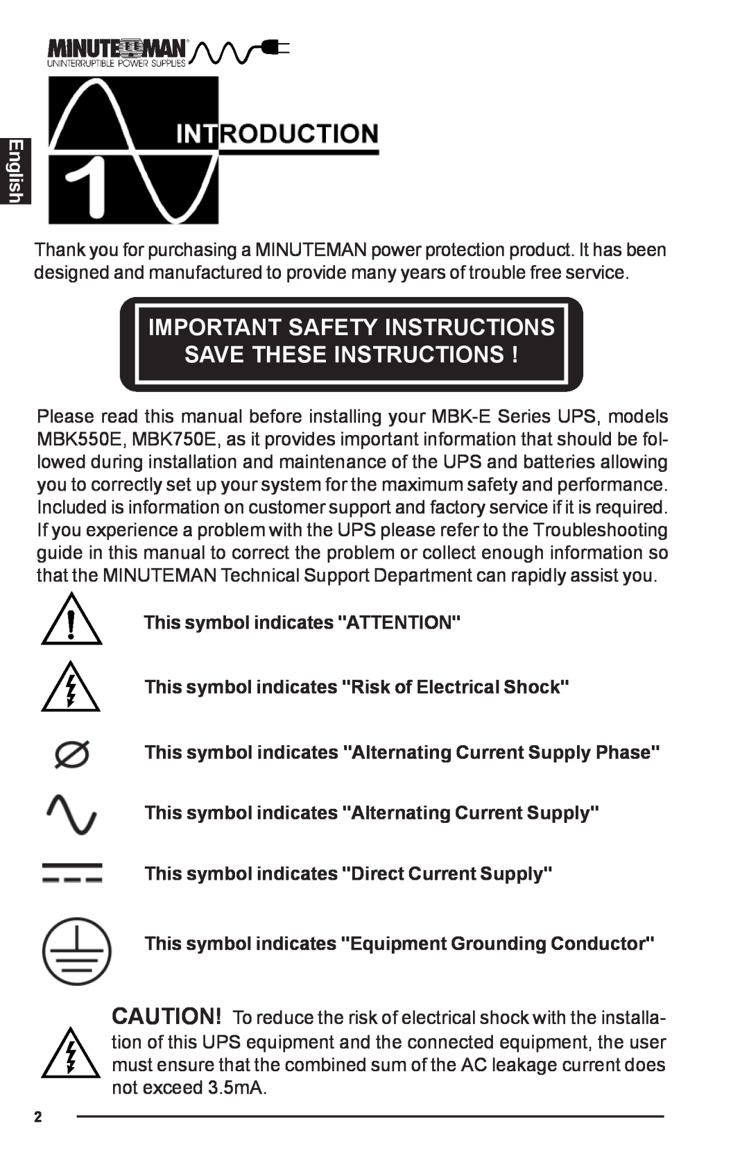 Minuteman UPS MBK-E SERIES Important Safety Instructions Save These Instructions, English, This symbol indicates ATTENTION 