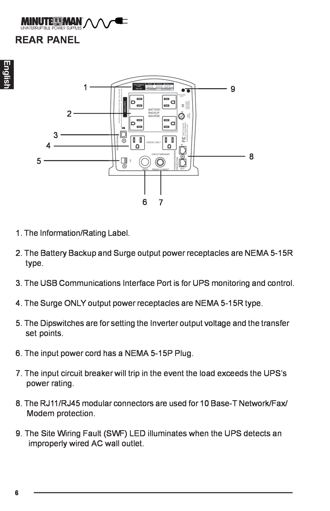 Minuteman UPS MBK-E SERIES user manual Rear Panel, English 