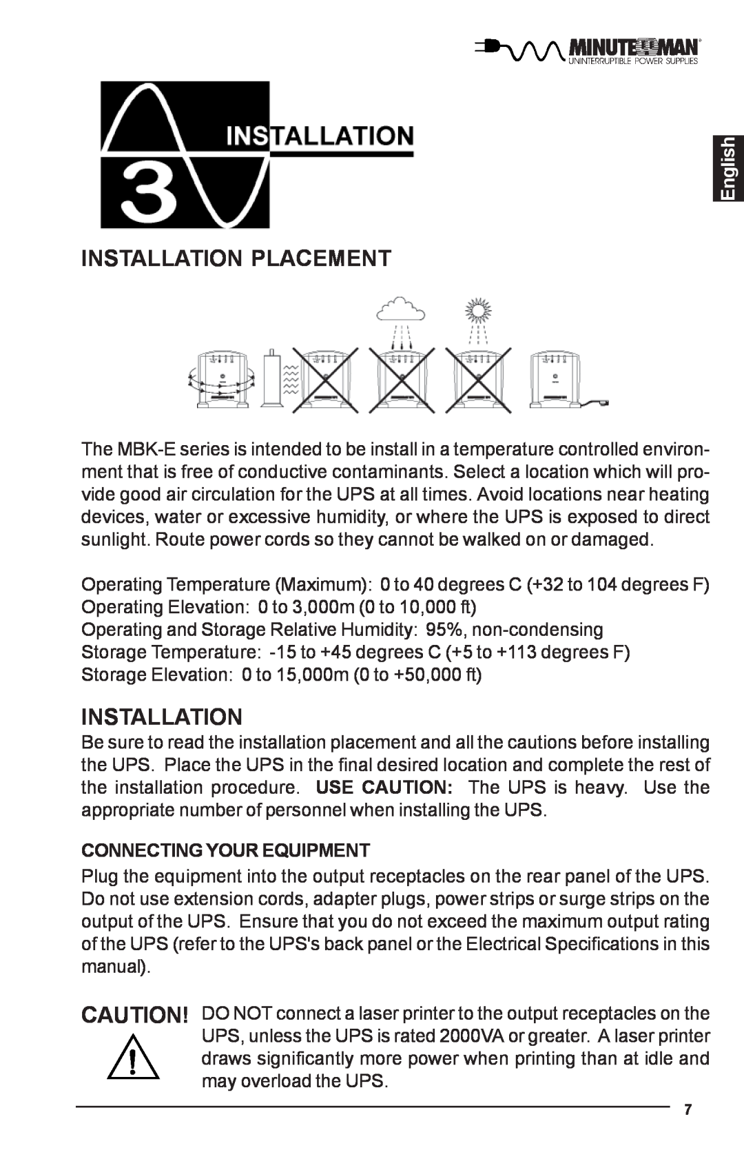 Minuteman UPS MBK-E SERIES user manual Installation Placement, English, Connecting Your Equipment 