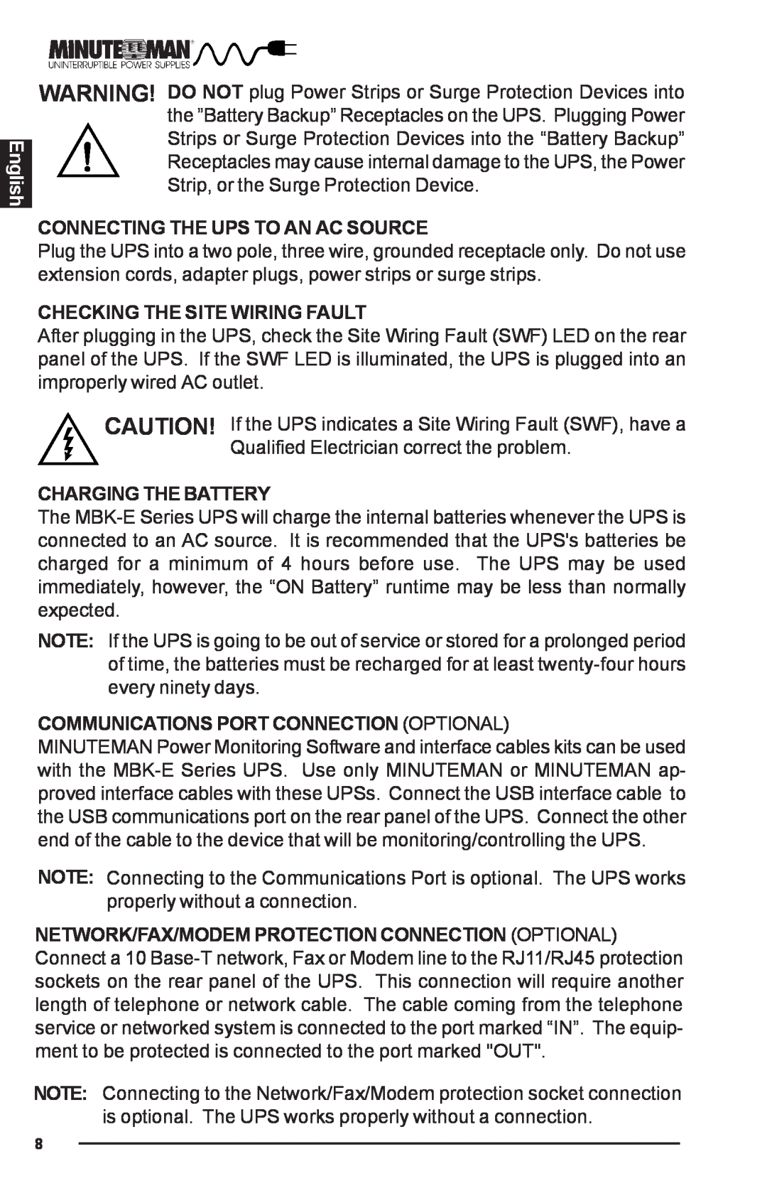 Minuteman UPS MBK-E SERIES user manual English, Connecting The Ups To An Ac Source, Checking The Site Wiring Fault 