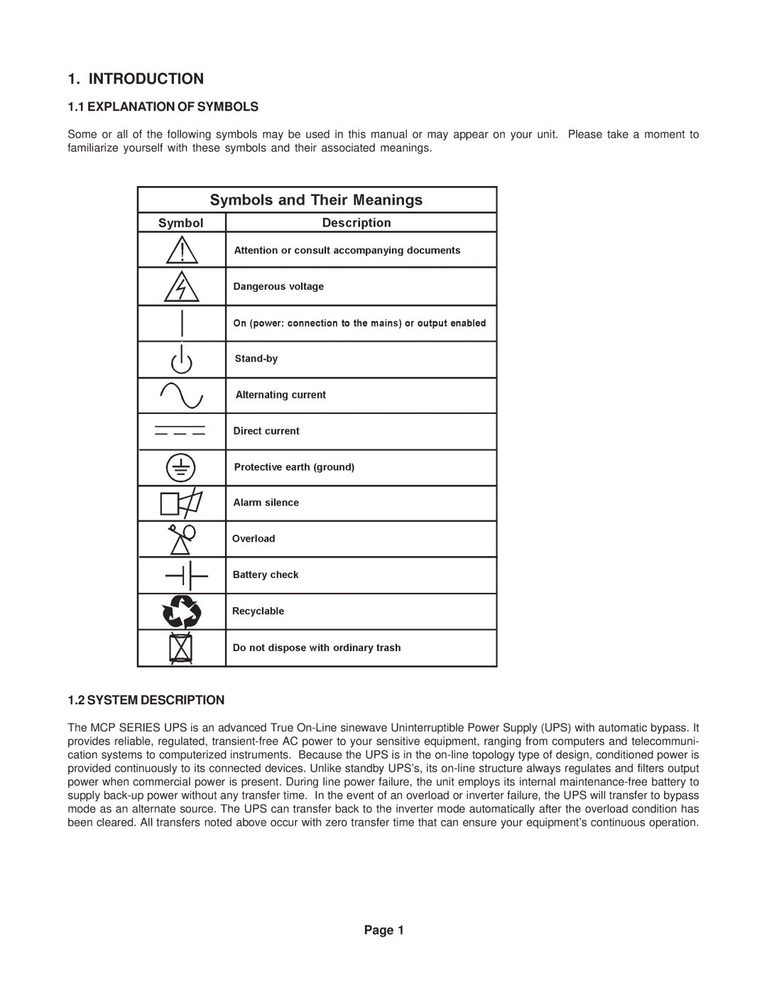 Minuteman UPS MCP 6001, MCP 10001 user manual Introduction, Explanation of Symbols, System Description 