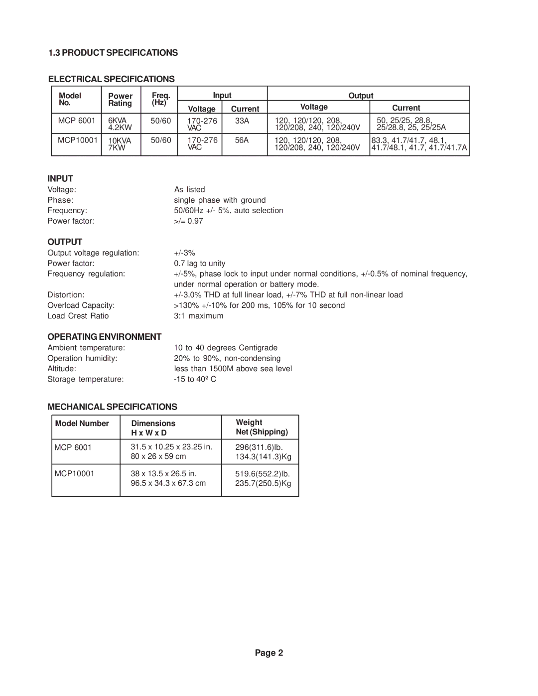 Minuteman UPS MCP 10001, MCP 6001 Product Specifications Electrical Specifications, Input, Output, Operating Environment 