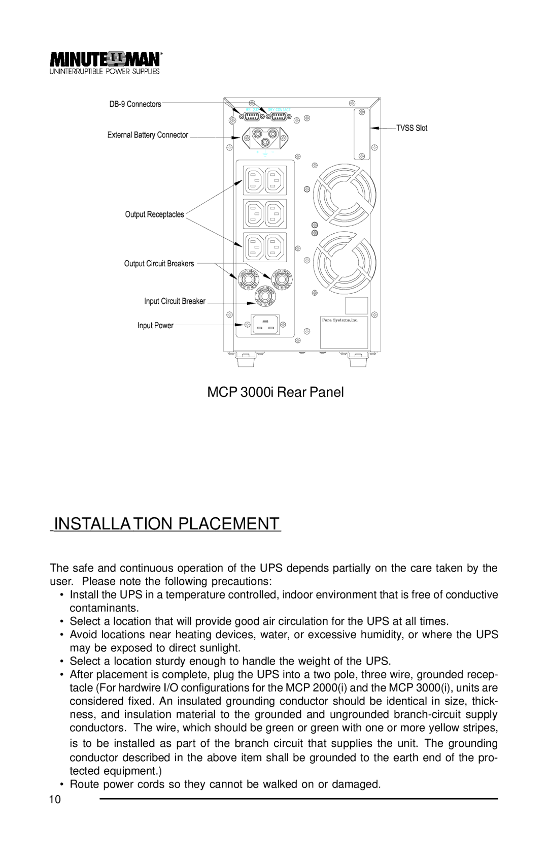 Minuteman UPS MCP 2000i, MCP 3000i, MCP 1000i user manual Installation Placement 