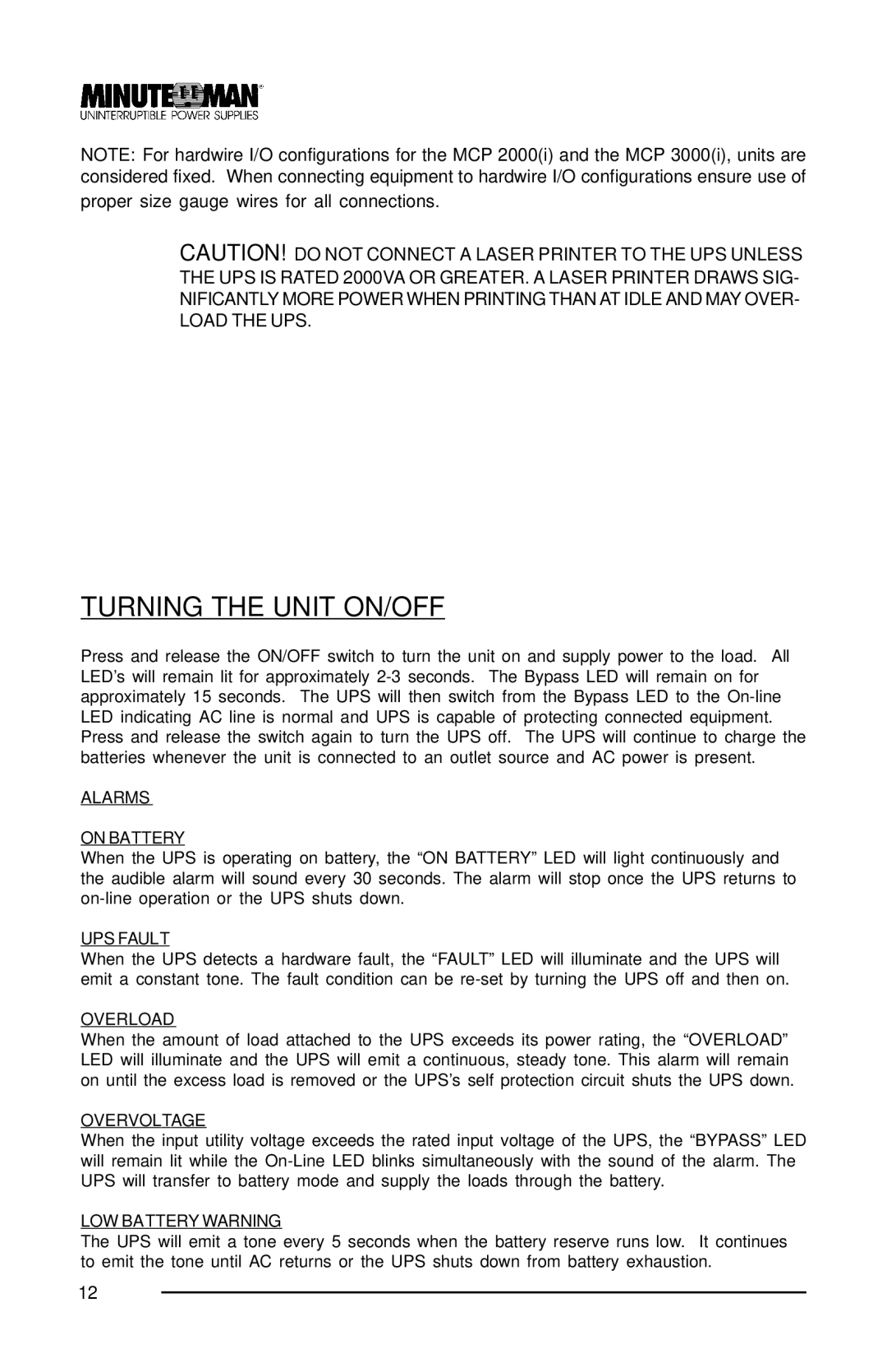 Minuteman UPS MCP 2000i, MCP 3000i, MCP 1000i user manual Turning the Unit ON/OFF 