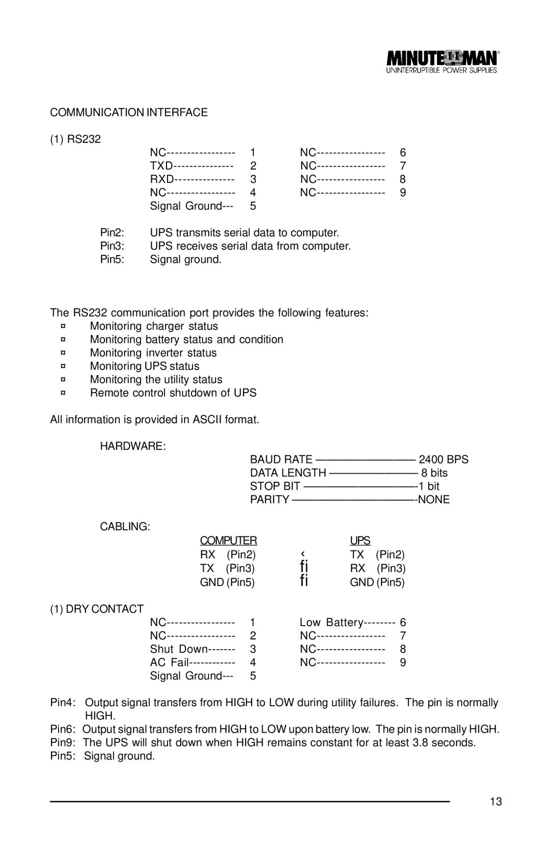 Minuteman UPS MCP 3000i, MCP 2000i, MCP 1000i user manual Communication Interface, Hardware 