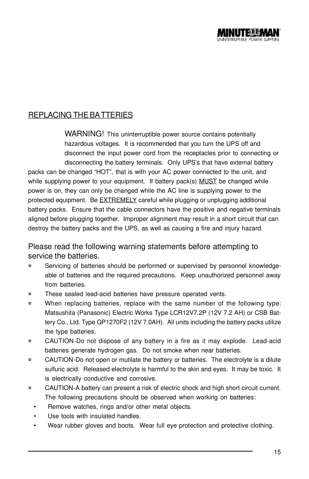 Minuteman UPS MCP 1000i, MCP 2000i, MCP 3000i user manual Replacing the Batteries 