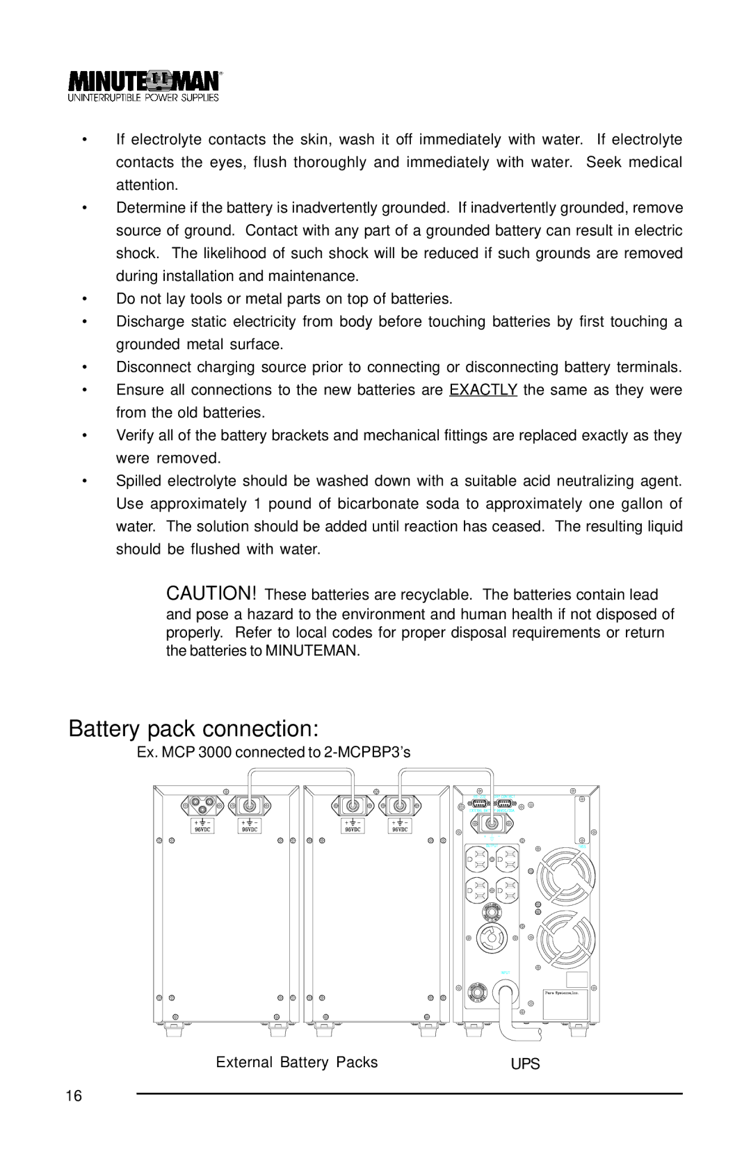 Minuteman UPS MCP 2000i, MCP 3000i, MCP 1000i user manual Battery pack connection, Ups 