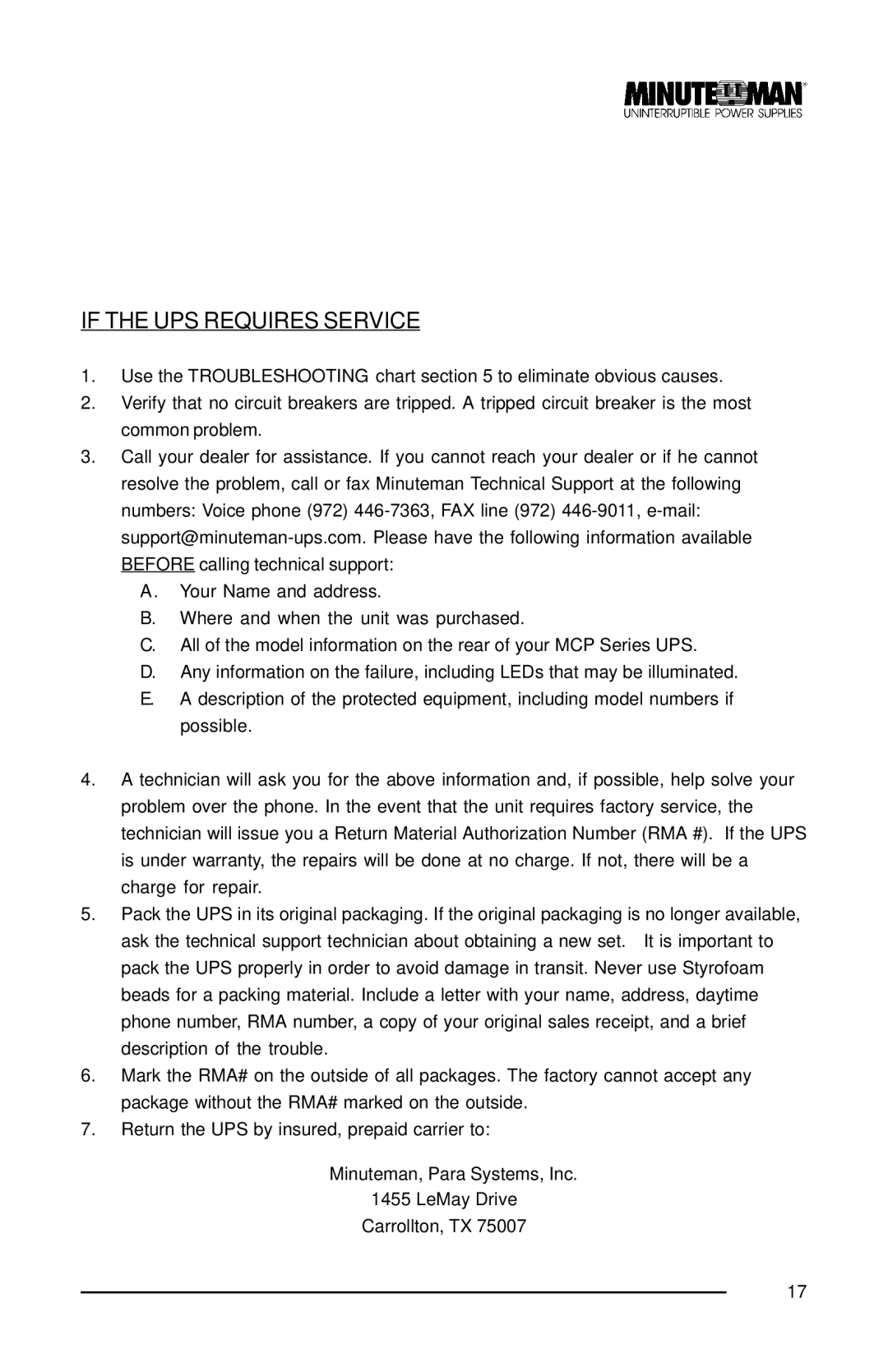 Minuteman UPS MCP 2000i, MCP 3000i, MCP 1000i user manual If the UPS Requires Service 